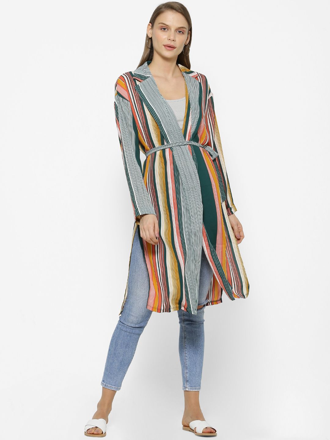 FOREVER 21 Women Multicoloured Striped Open Front Jacket Price in India