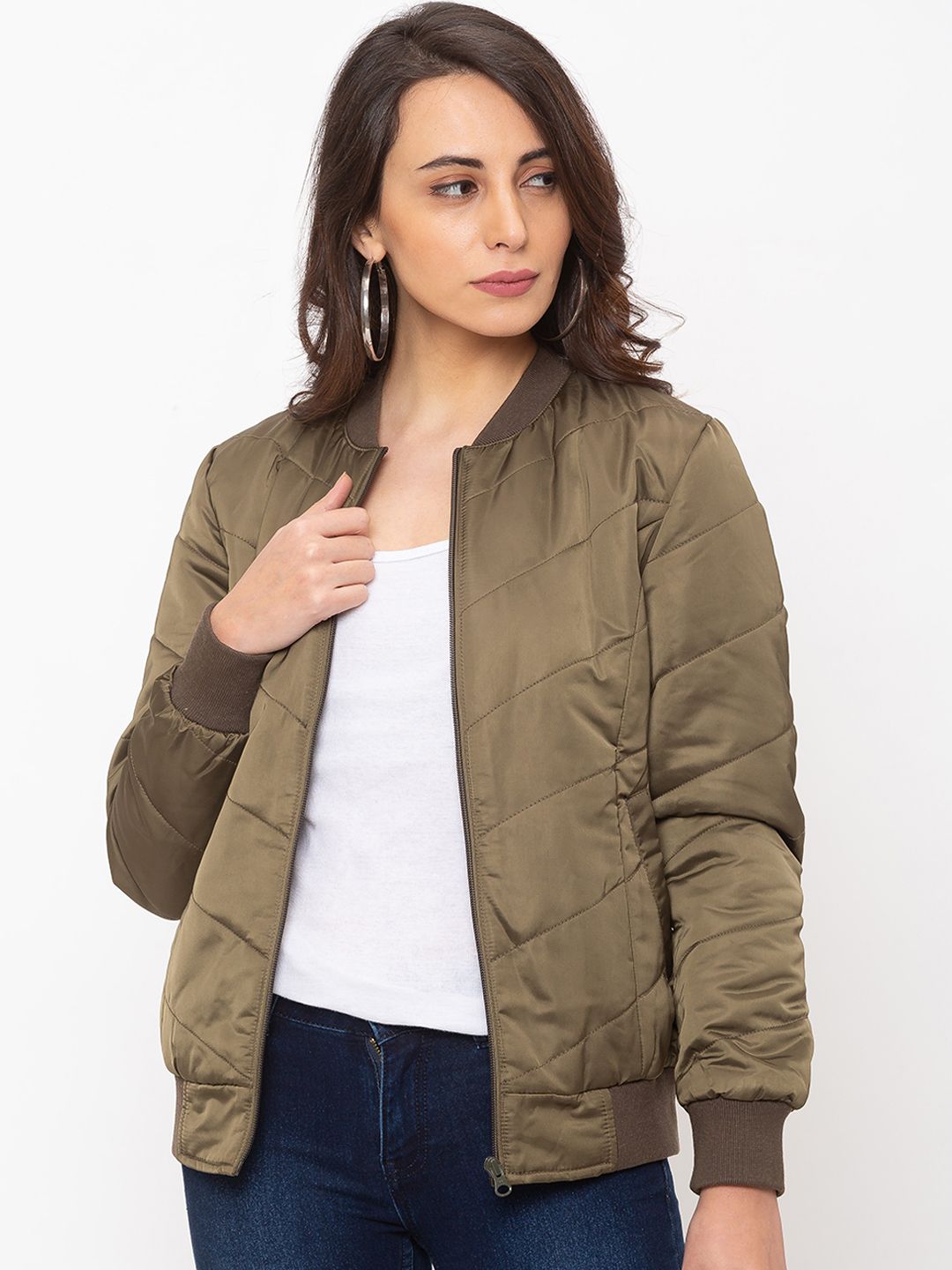 Globus Women Olive Green Solid Puffer Jacket Price in India