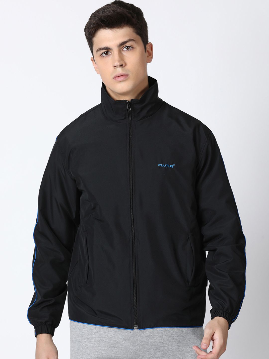 Plutus Men Black Solid Windcheater Sporty Jacket
