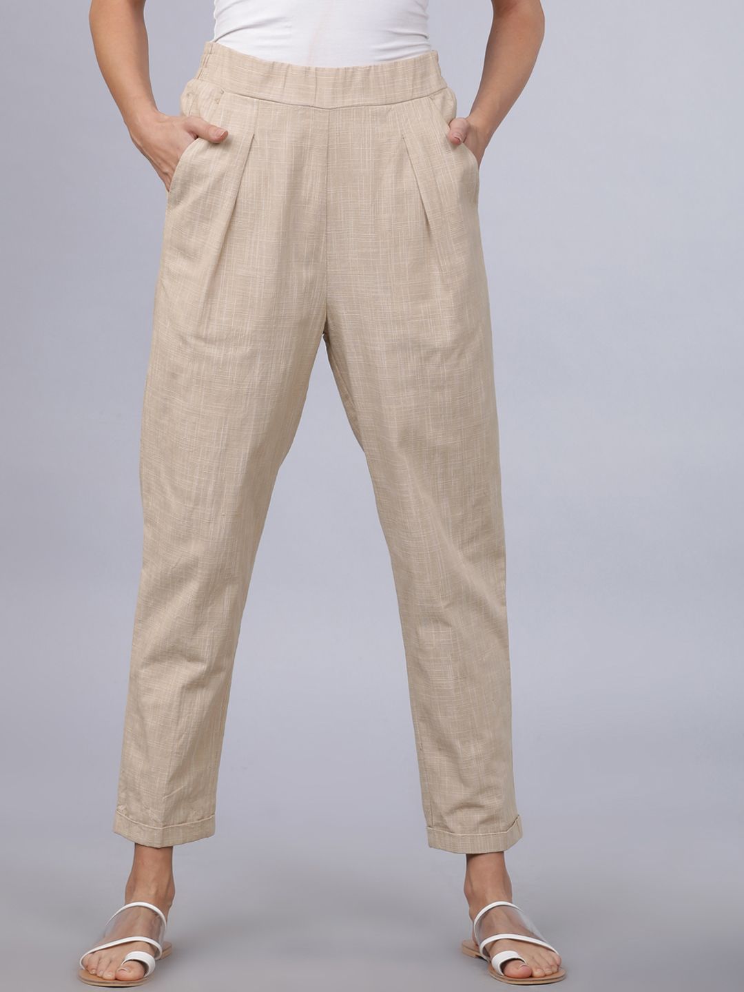 Tokyo Talkies Women Beige Regular Fit Solid Regular Trousers