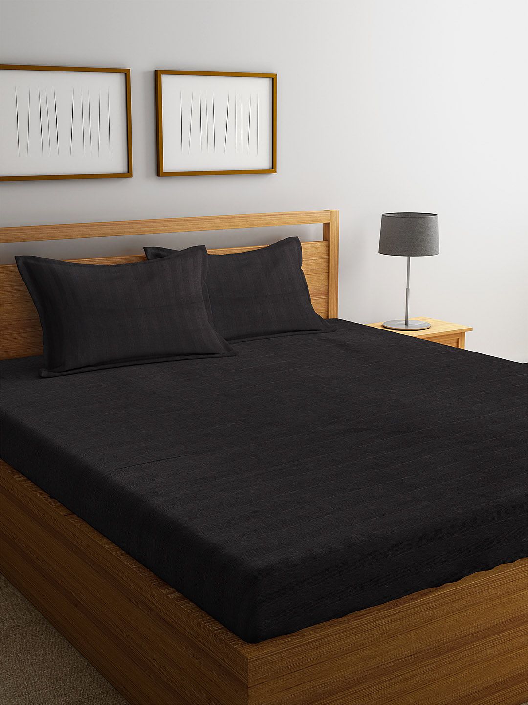 HOSTA HOMES Black Striped 300 TC Cotton 1 King Bedsheet with 2 Pillow Covers Price in India
