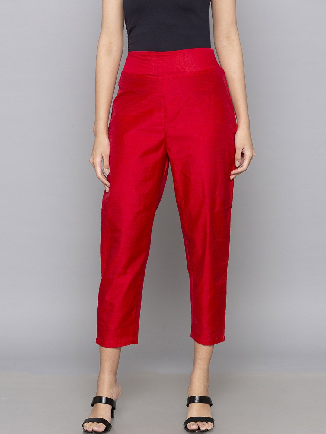 Desi Weavess Women Red Slim Fit Solid Cigarette Trousers Price in India