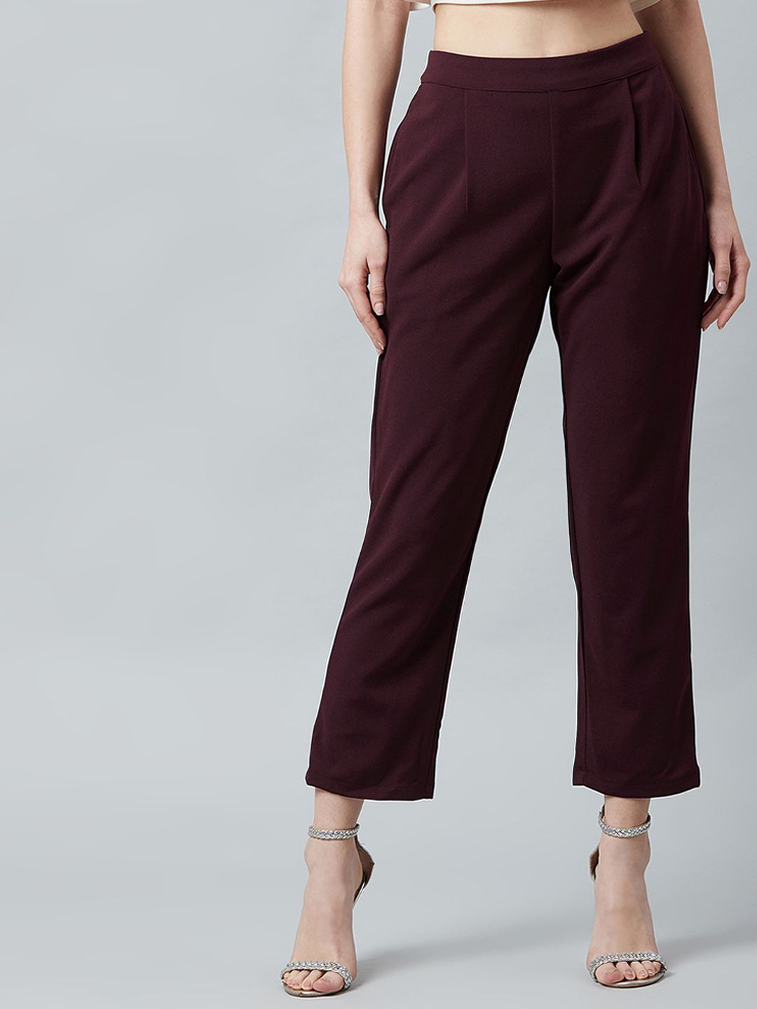 Athena Women Burgundy Regular Fit Solid Formal Trousers Price in India