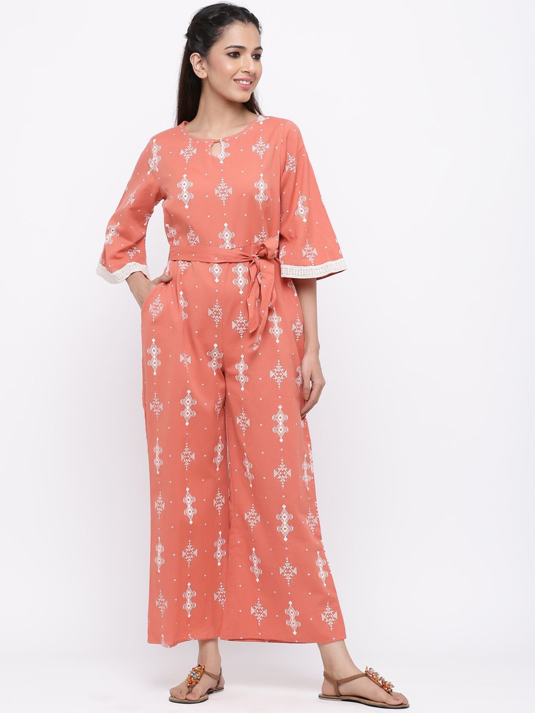 Juniper Women Peach-Coloured & Off-White Printed Culotte Jumpsuit Price in India