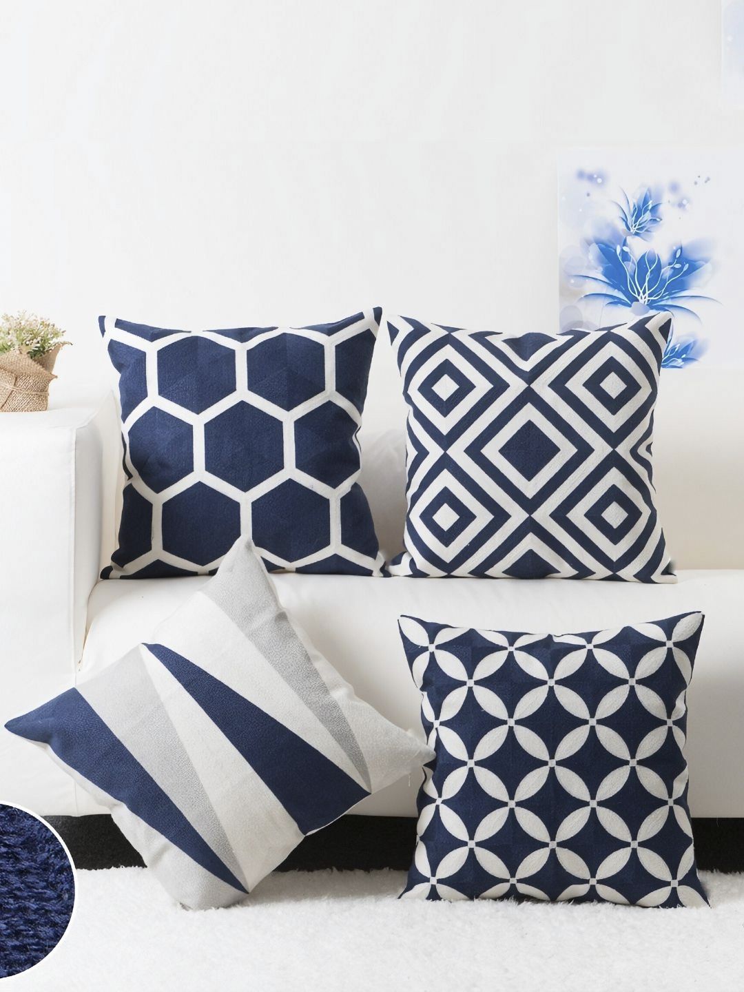 MODERN HOMES Blue & White Set of 4 Geometric Square Cushion Covers Price in India