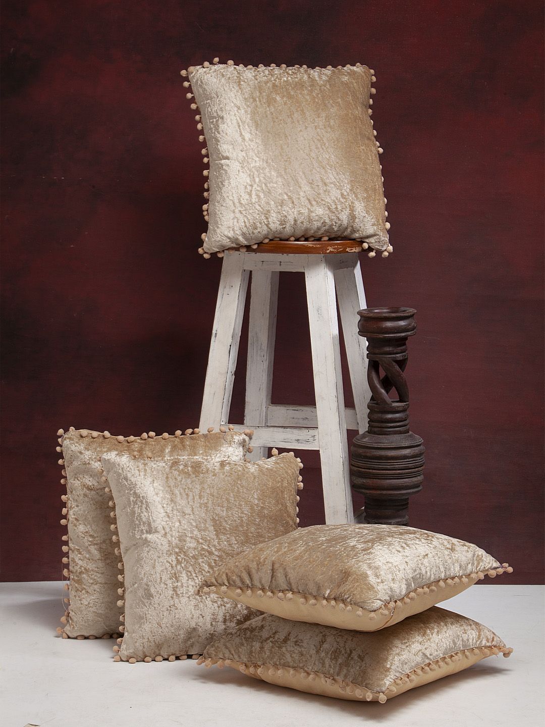 HOSTA HOMES HOSTA HOMES Beige Set of 5 Solid Square Velvet Cushion Covers With Pom Pom