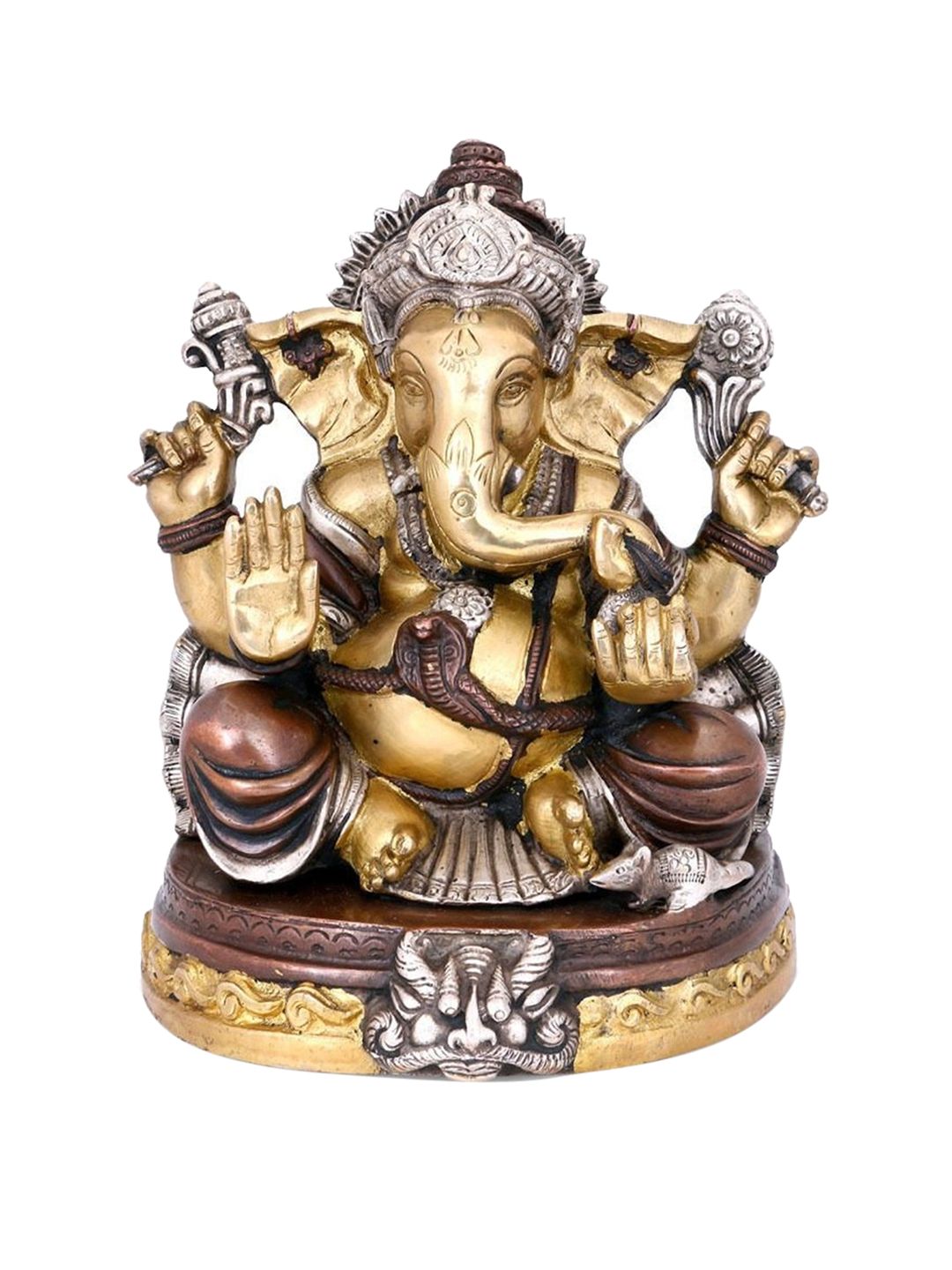 CraftVatika Gold-Toned & Brown Handcrafted Brass Taj Ganesha Idol Price in India
