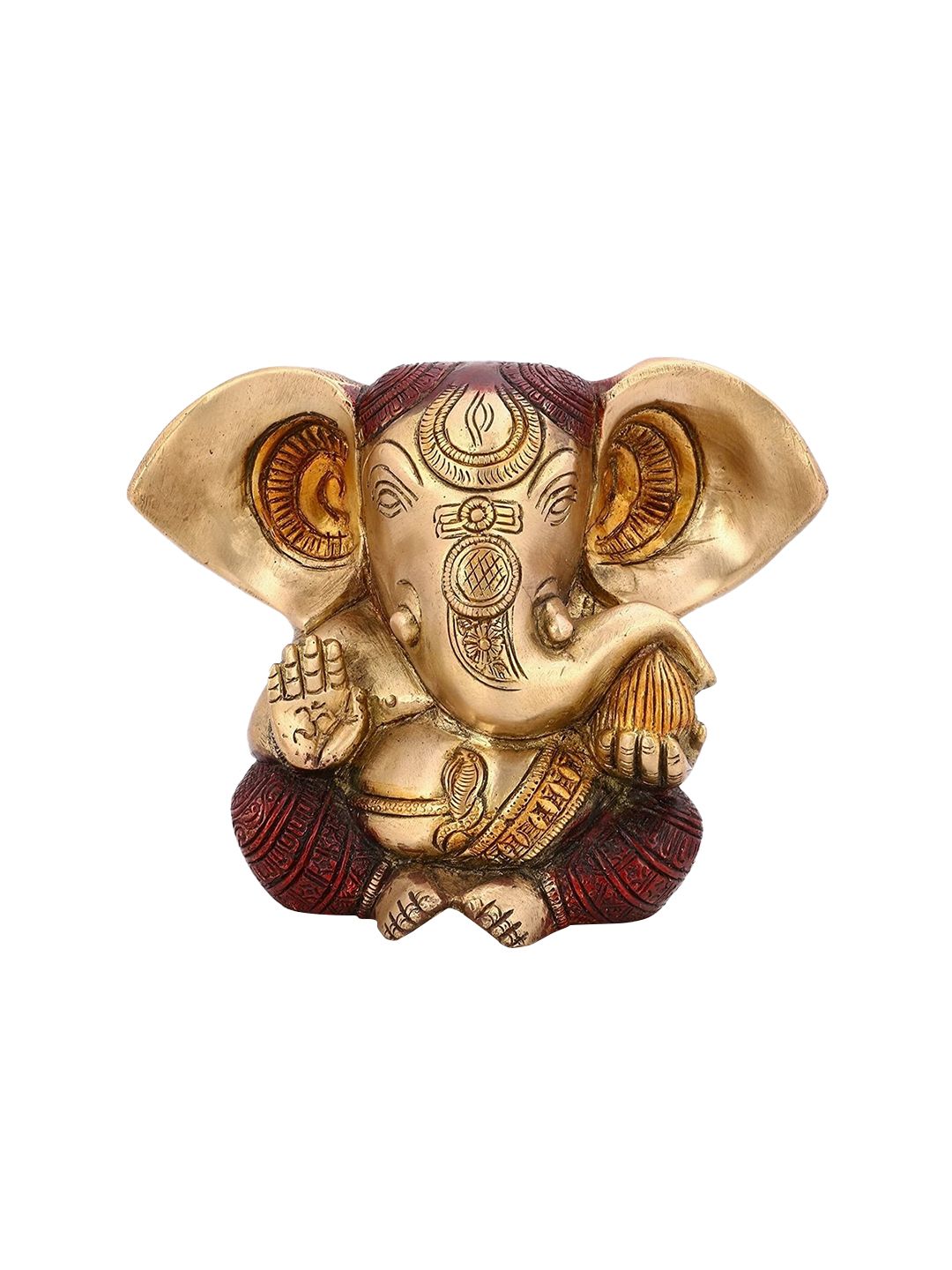 CraftVatika Gold-Toned & Red Long Ear Sitting Ganesh Statue Brass Showpiece Price in India