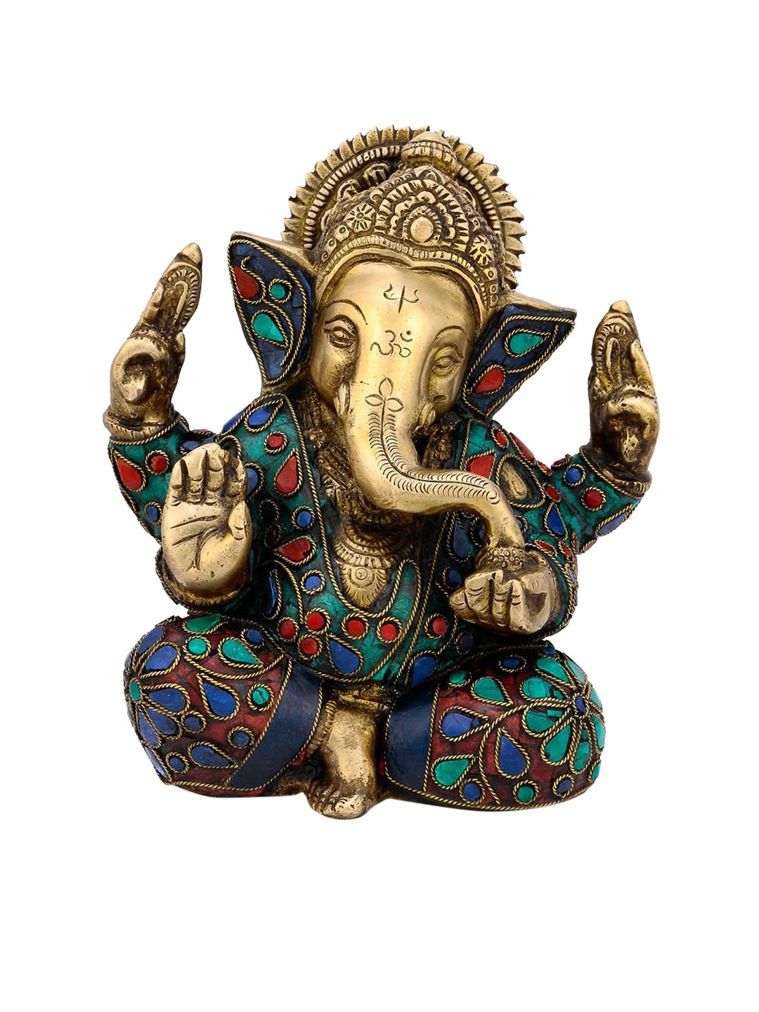 CraftVatika Gold-Toned & Turquoise Blue Handcrafted Brass Jolly Ganesha Idol Price in India