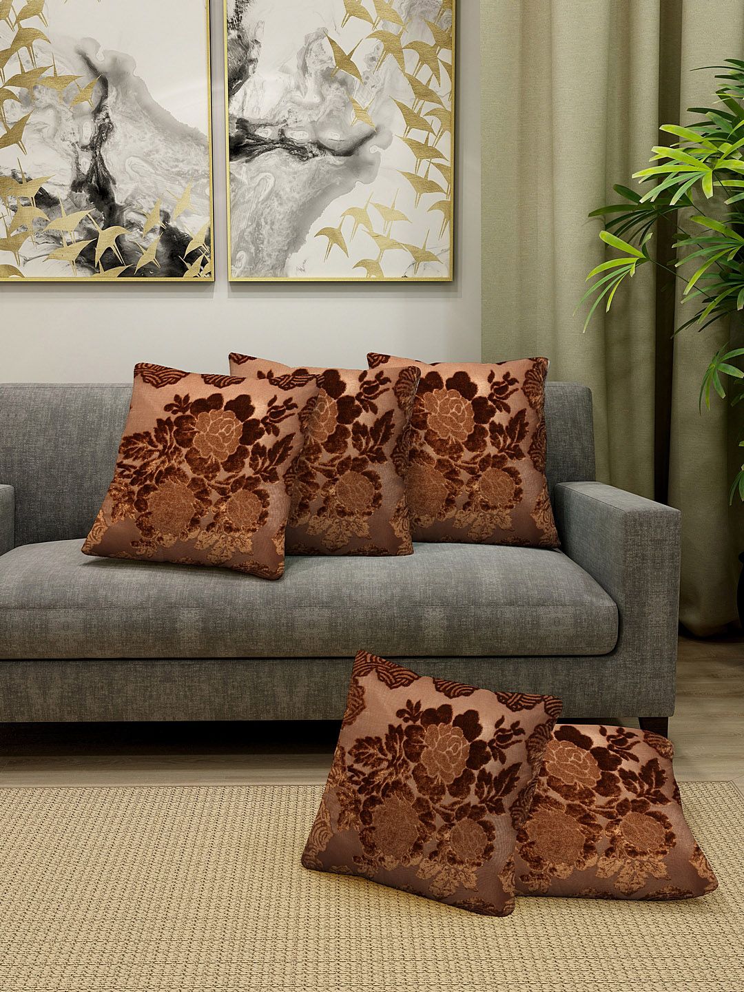 HOSTA HOMES Brown Set of 5 Floral Embossed Velvet Square Cushion Covers Price in India