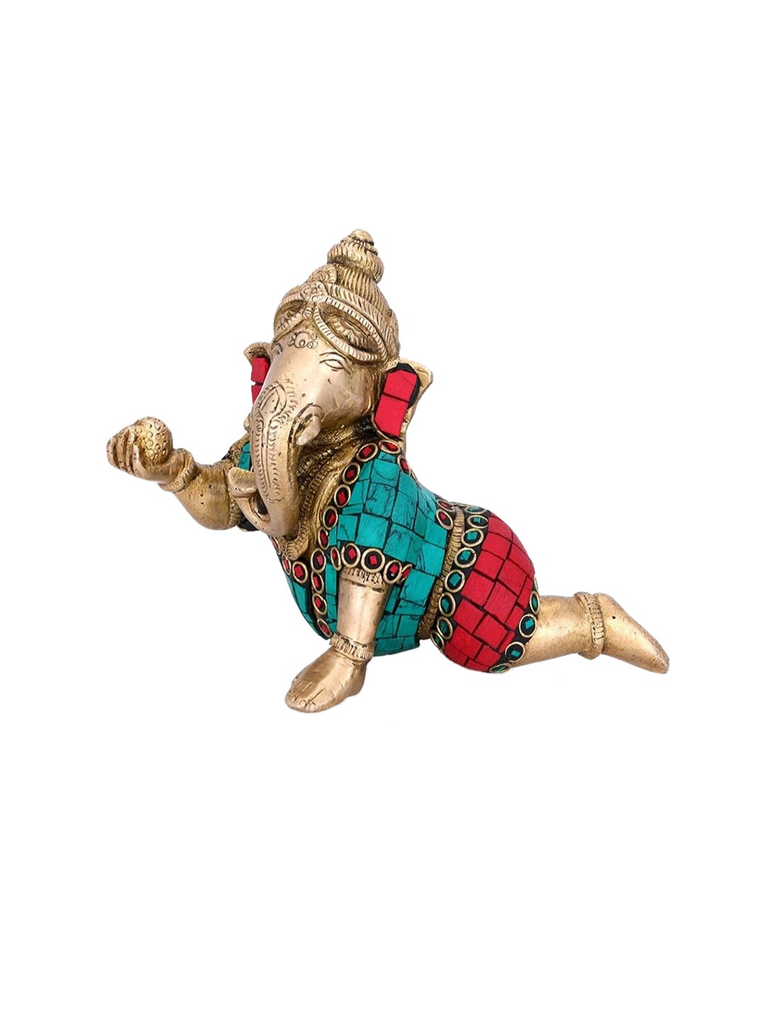 CraftVatika Gold-Toned & Turquoise Blue Handcrafted Brass Crawling Baby Ganesh Idol Price in India
