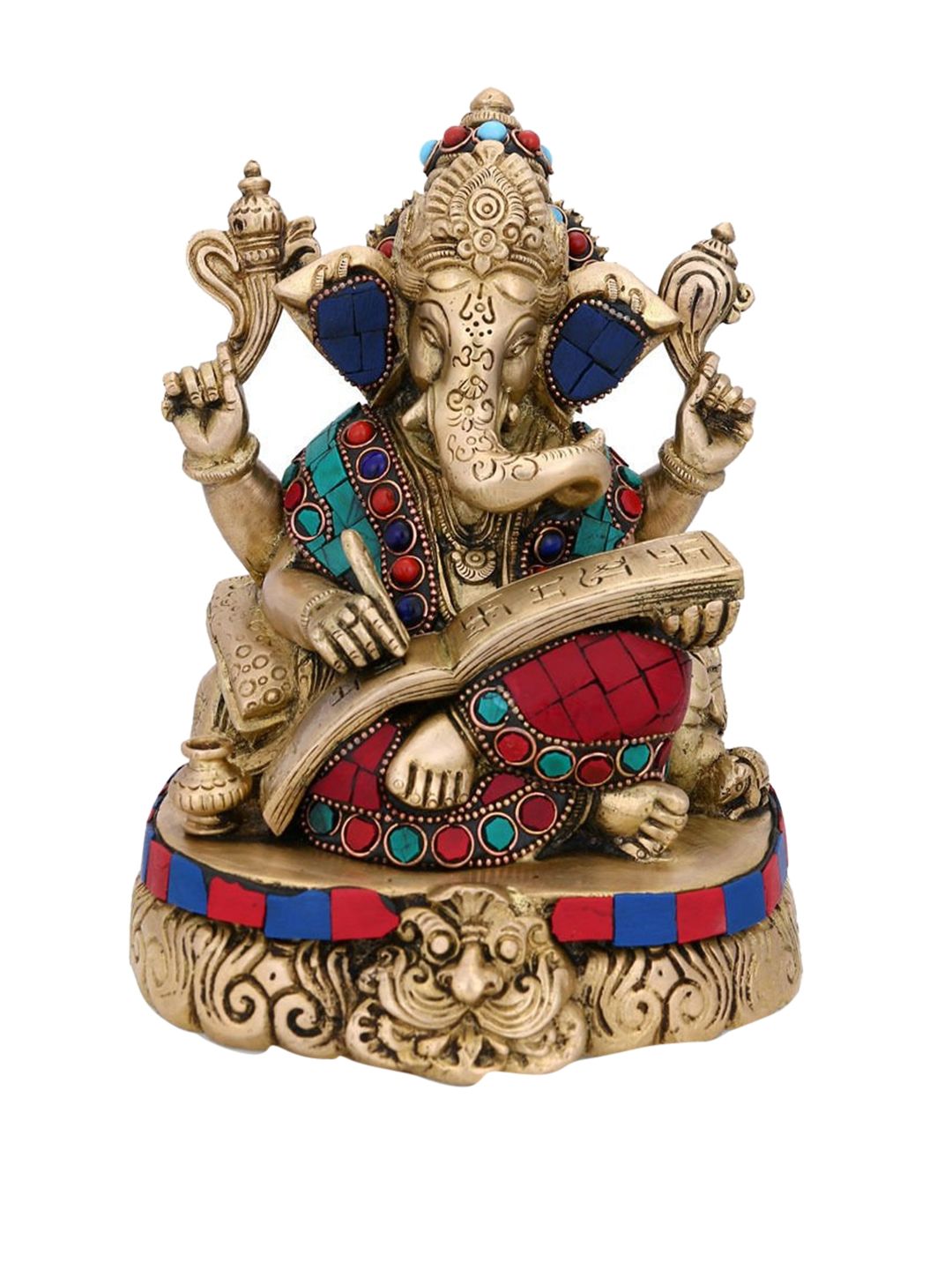 CraftVatika Gold-Toned & Red Handcrafted Shubh Labh Writing Ganesha Brass Idol Price in India
