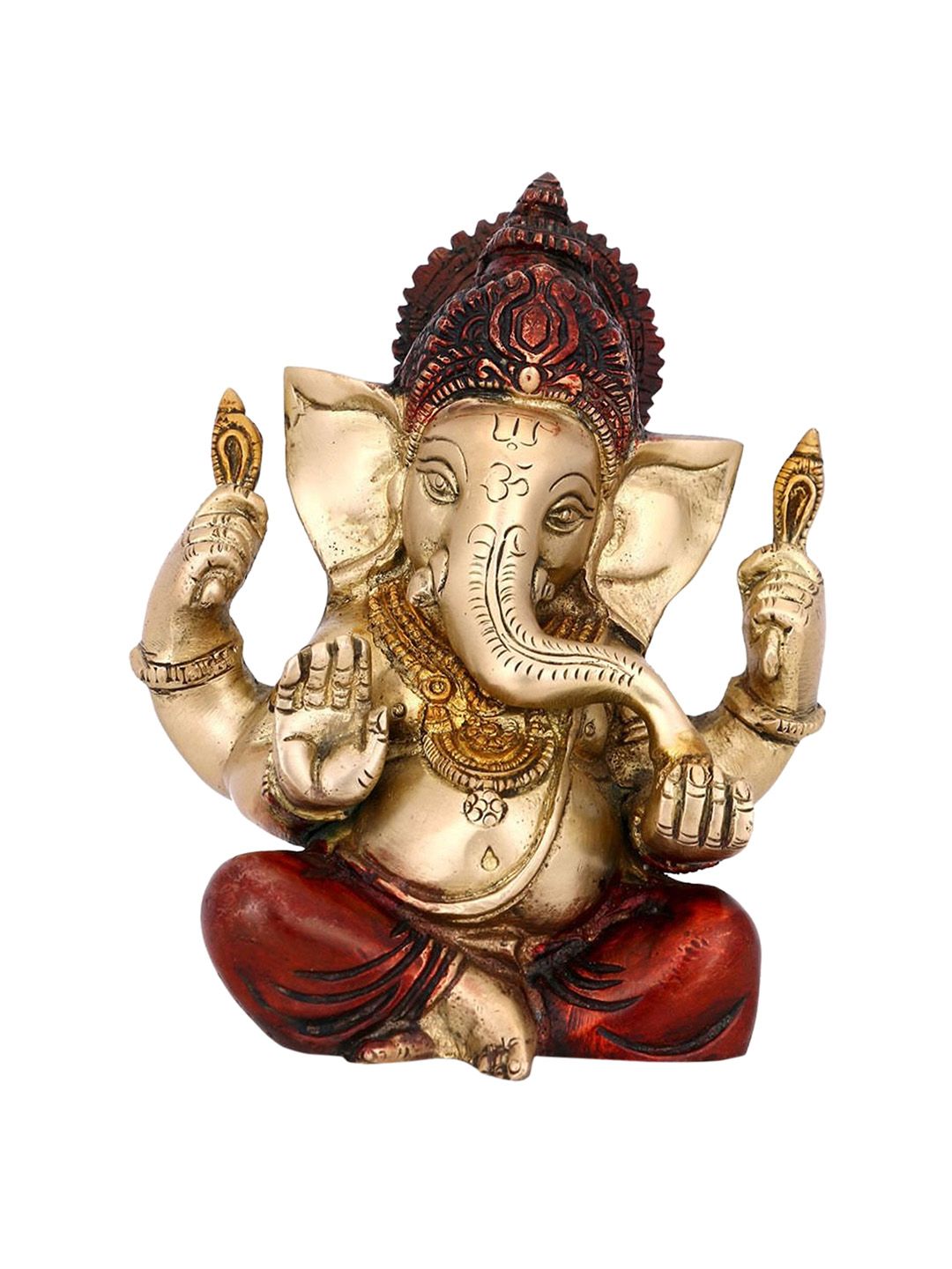 CraftVatika Gold-Toned & Red Handcrafted Blessing Brass Ganesh Idol Price in India