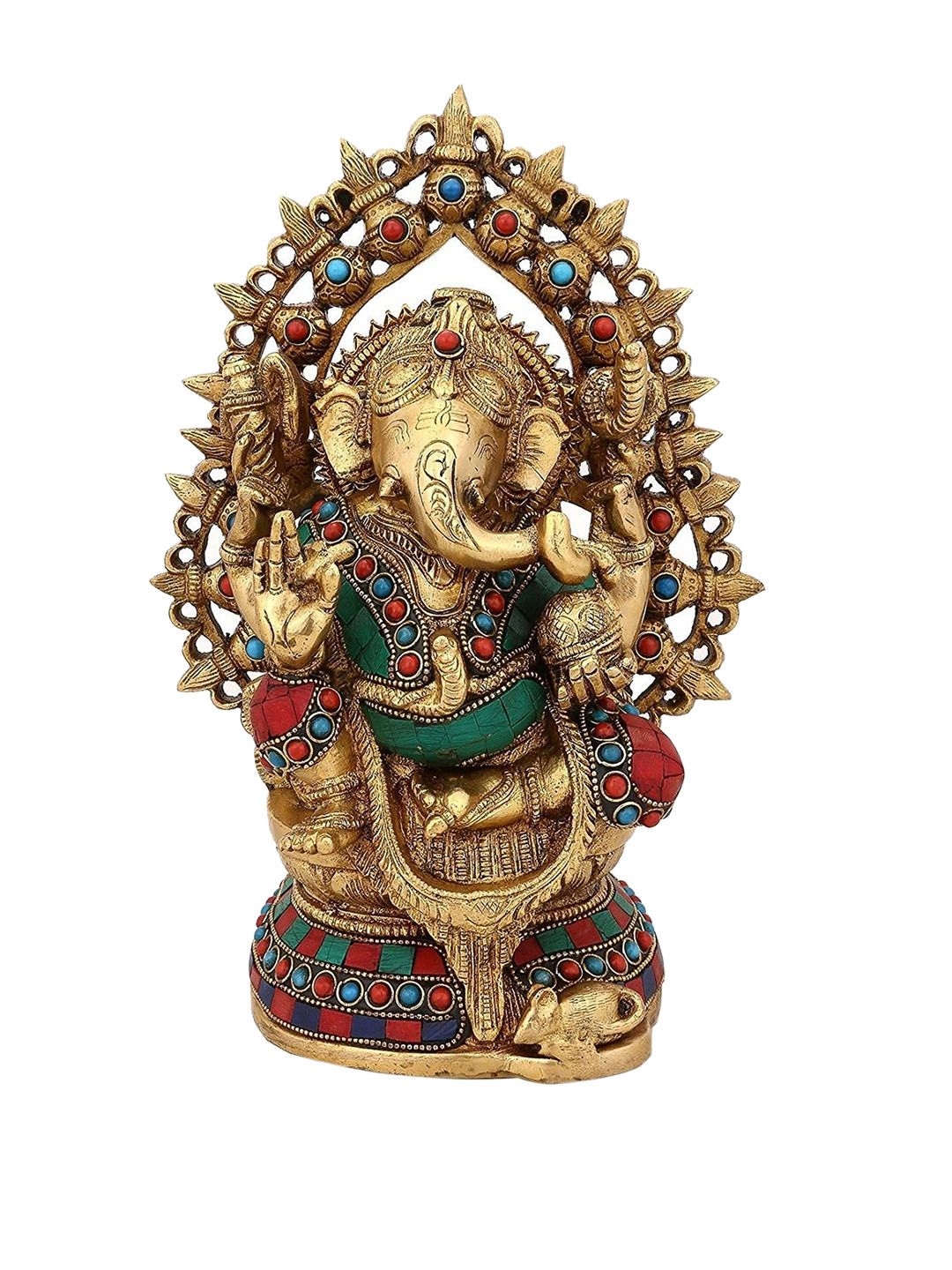 CraftVatika Gold-Toned & Green Lord Ring Ganesha Idol Showpiece Price in India