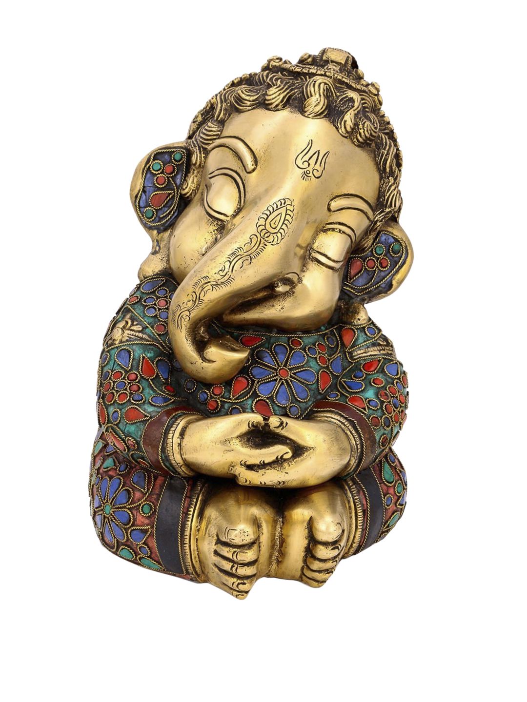 CraftVatika Gold-Toned & Blue Baby Ganesh Brass Idol Price in India