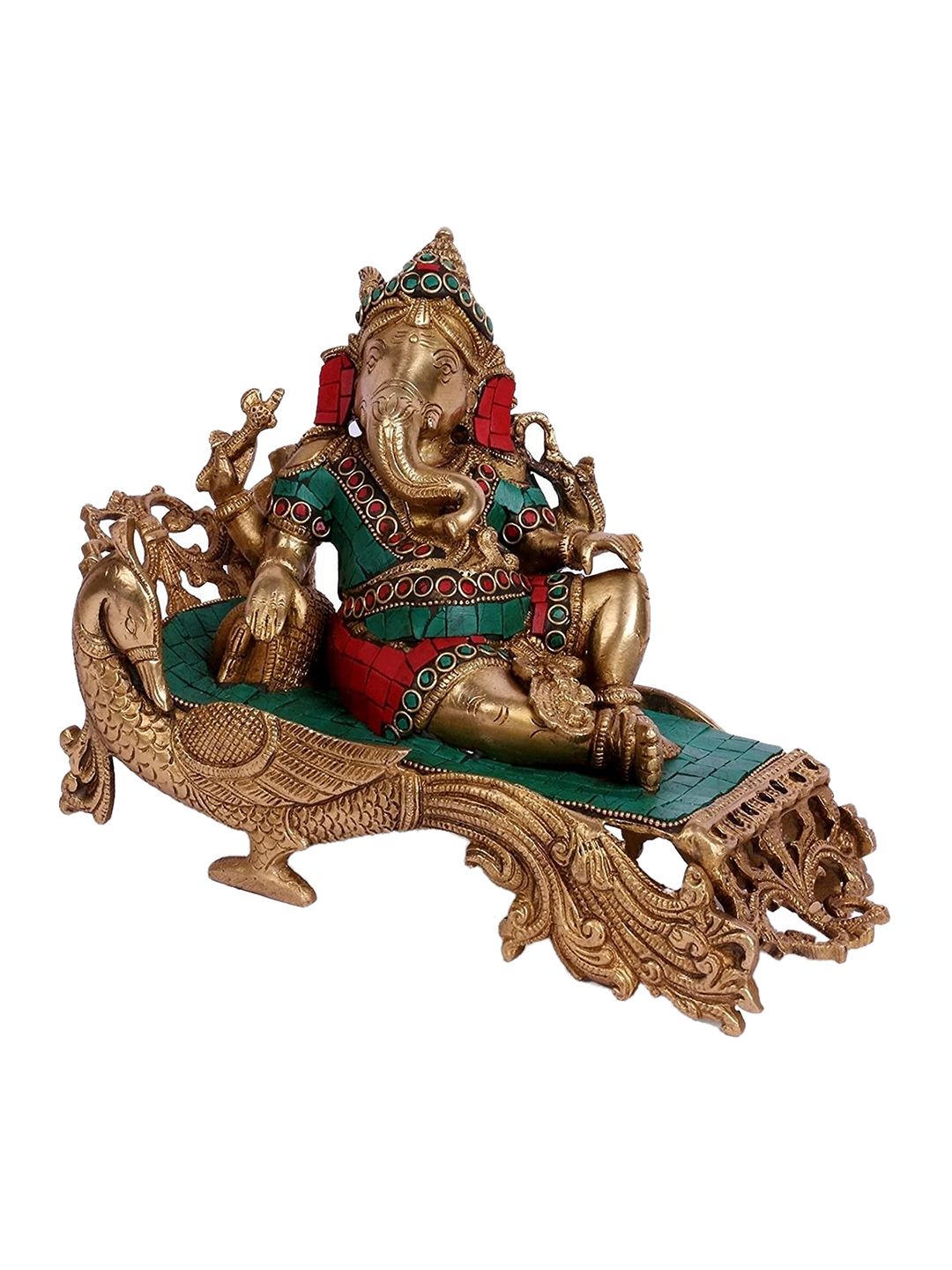 CraftVatika Gold-Toned & Turquoise Blue Handcrafted Brass Resting Ganesha Idol Price in India