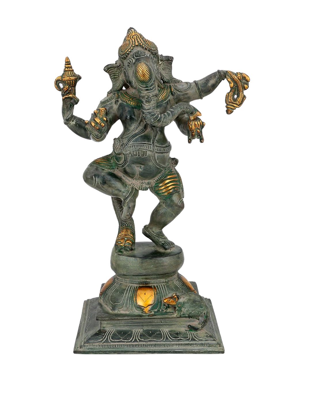 CraftVatika Charcoal Grey and Gold-Toned Handcrafted Brass Dancing Ganesha Idol Price in India