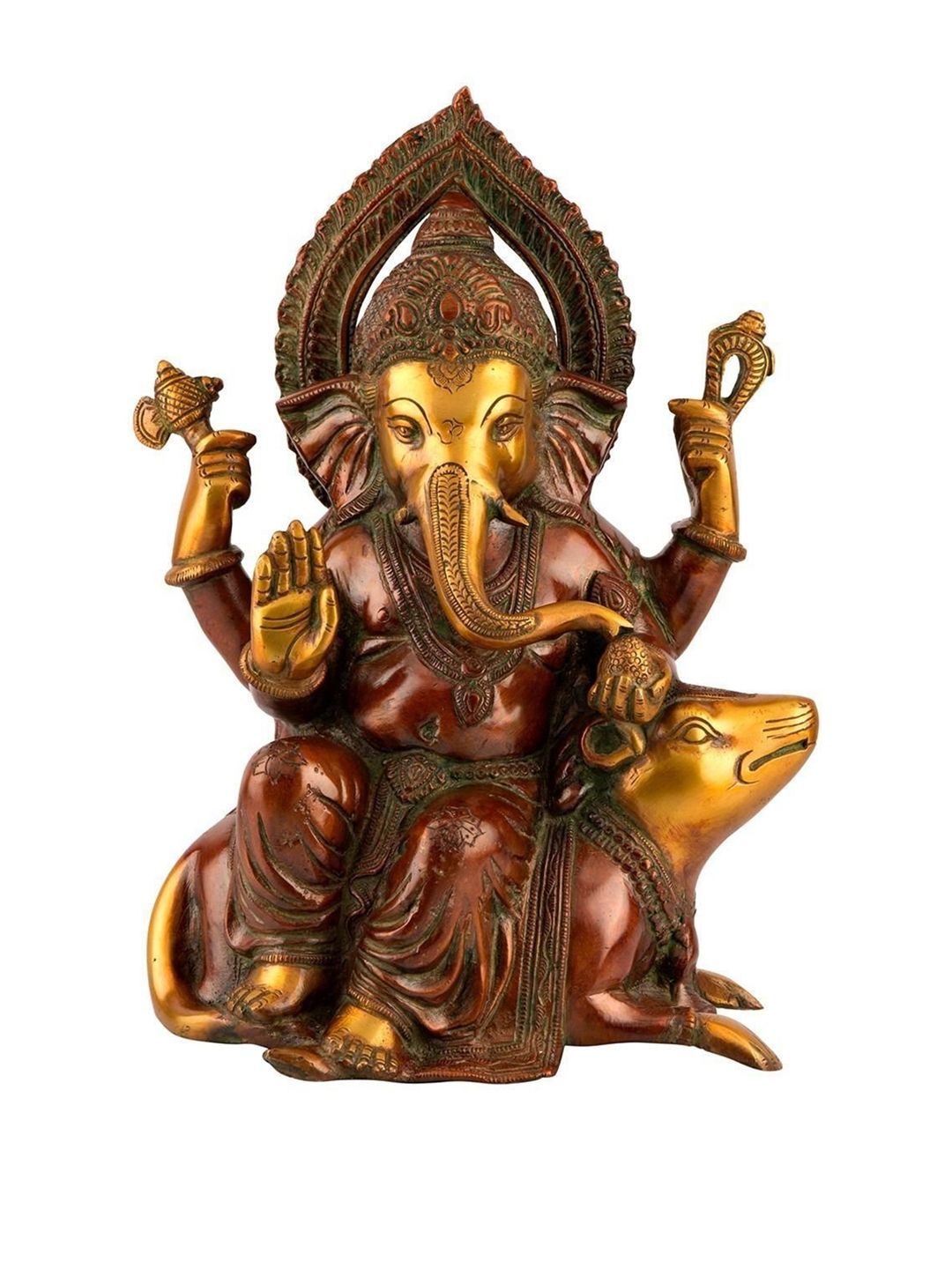 CraftVatika Gold-Toned & Brown Ganpati Sitting on Mouse Idol Showpiece Price in India