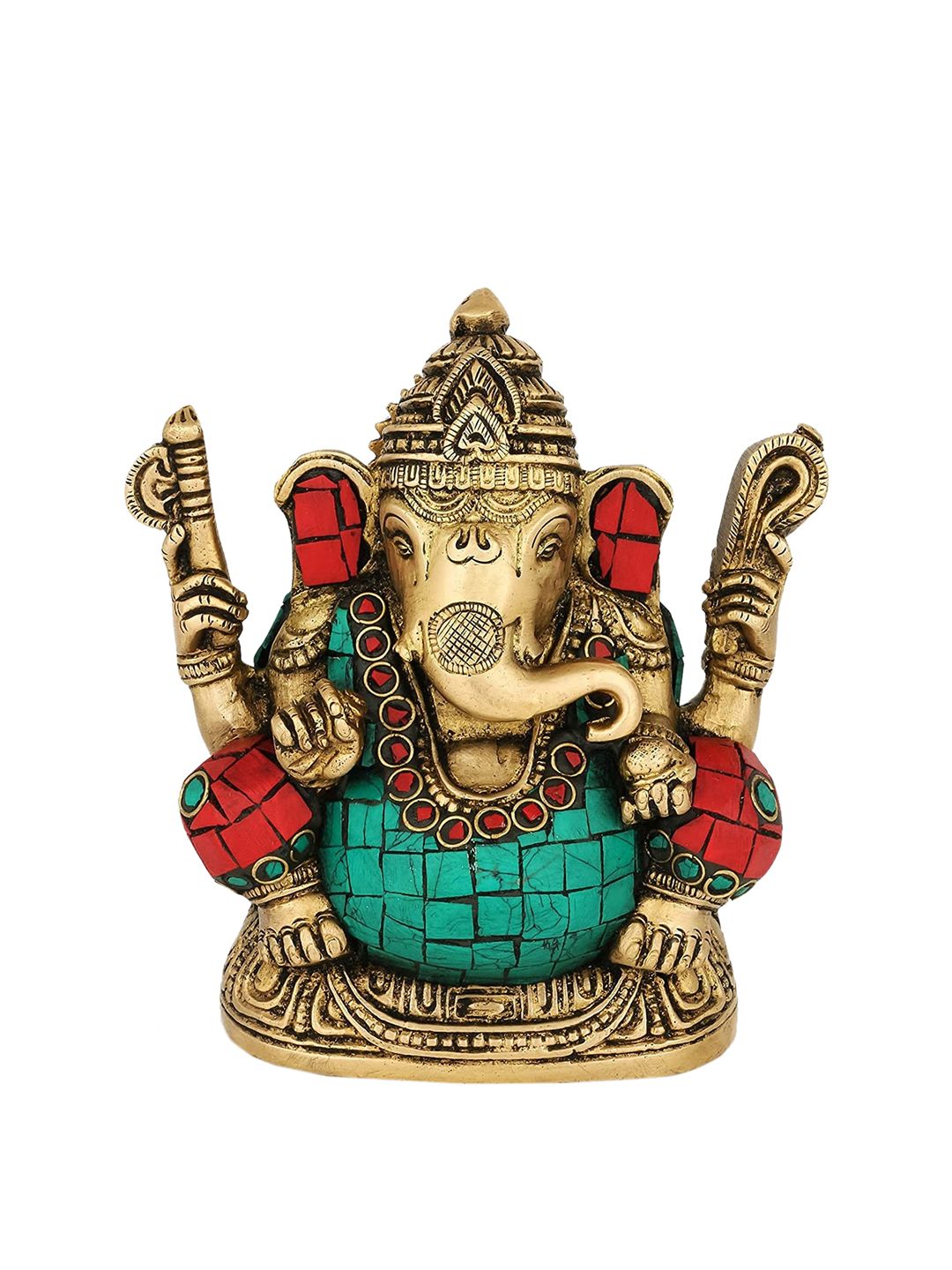 CraftVatika Gold-Toned & Turquoise Blue Handcrafted Brass Ganesh Idol Price in India