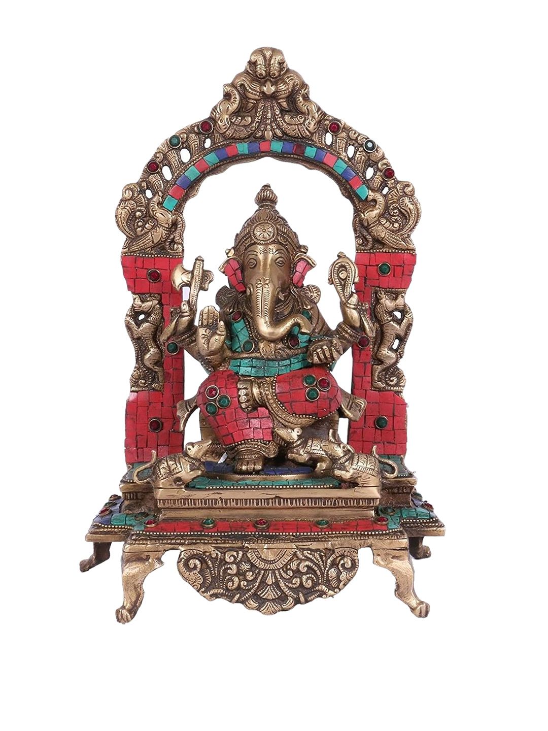 CraftVatika Gold-Toned & Red Handcrafted Brass Shrine Ganesh Idol Price in India