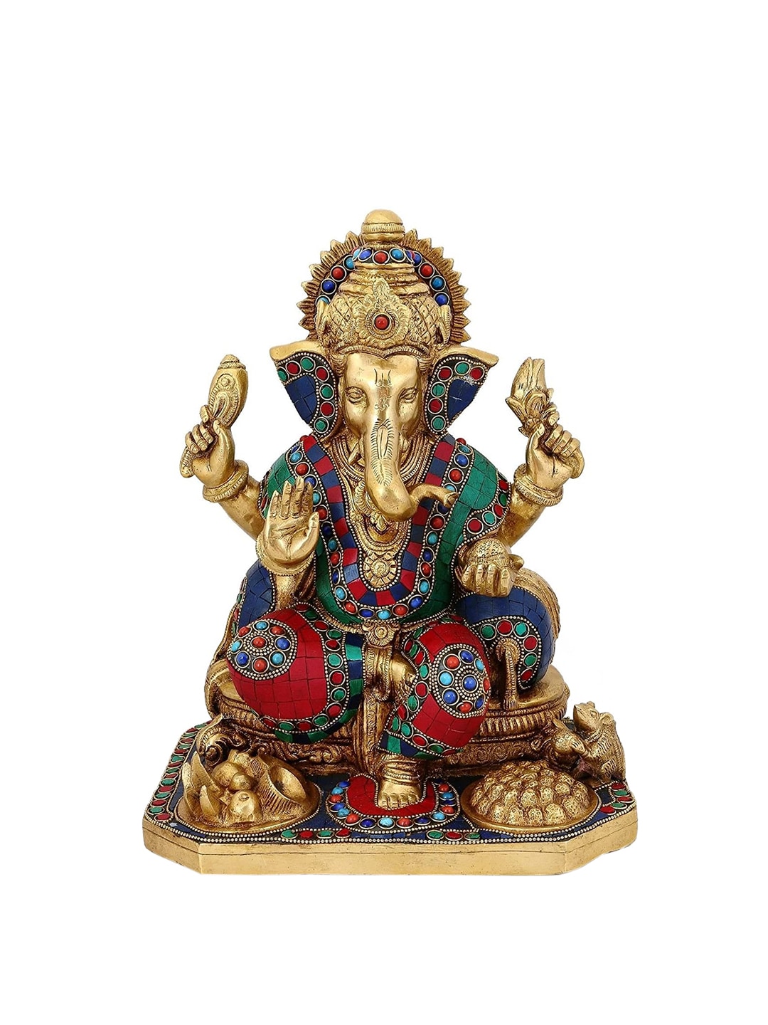 CraftVatika Gold-Toned & Red Turquoise-Studded Handcrafted Brass Ganesh Idol Price in India
