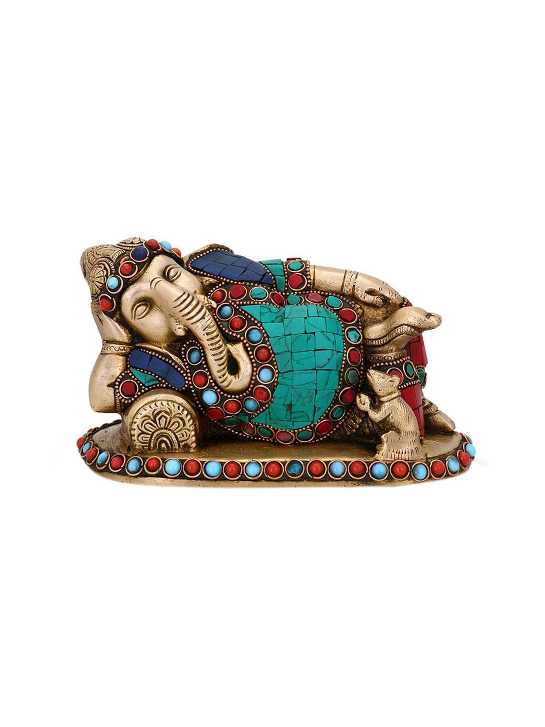 CraftVatika Gold-Toned & Turquoise Blue Handcrafted Resting Ganesha Brass Idol Price in India