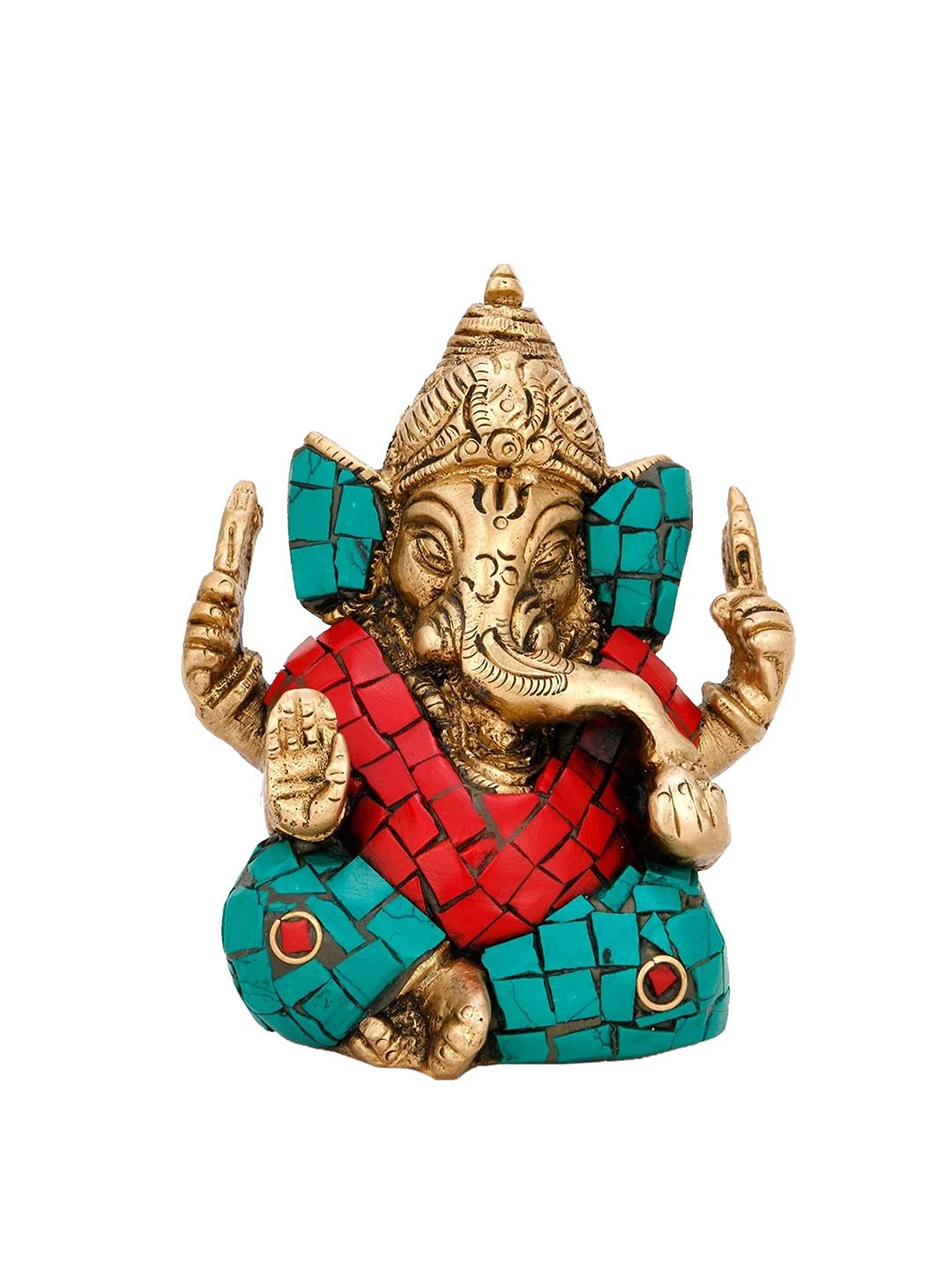 CraftVatika Gold-Toned & Turquoise Blue Handcrafted Brass Ganesh Showpiece Price in India