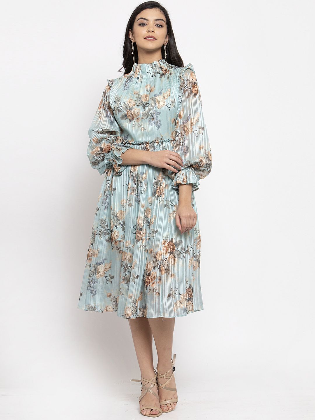KASSUALLY Women Turquoise Blue & Beige Floral Printed Fit and Flare Dress