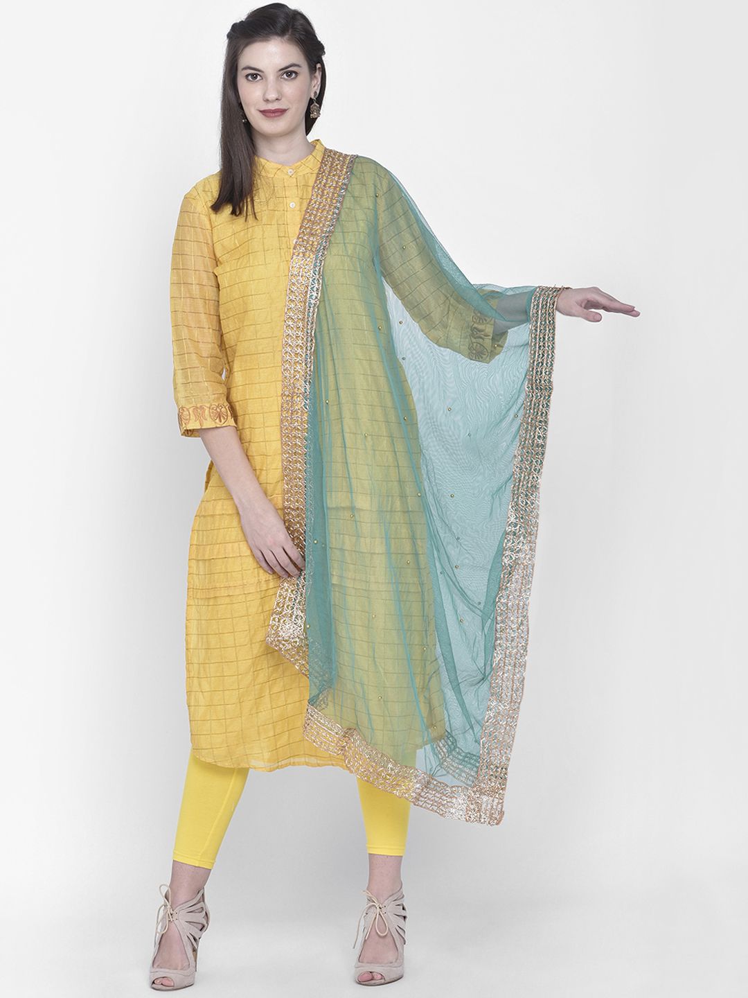 Dupatta Bazaar Sea Green & Gold-Toned Embellished Dupatta