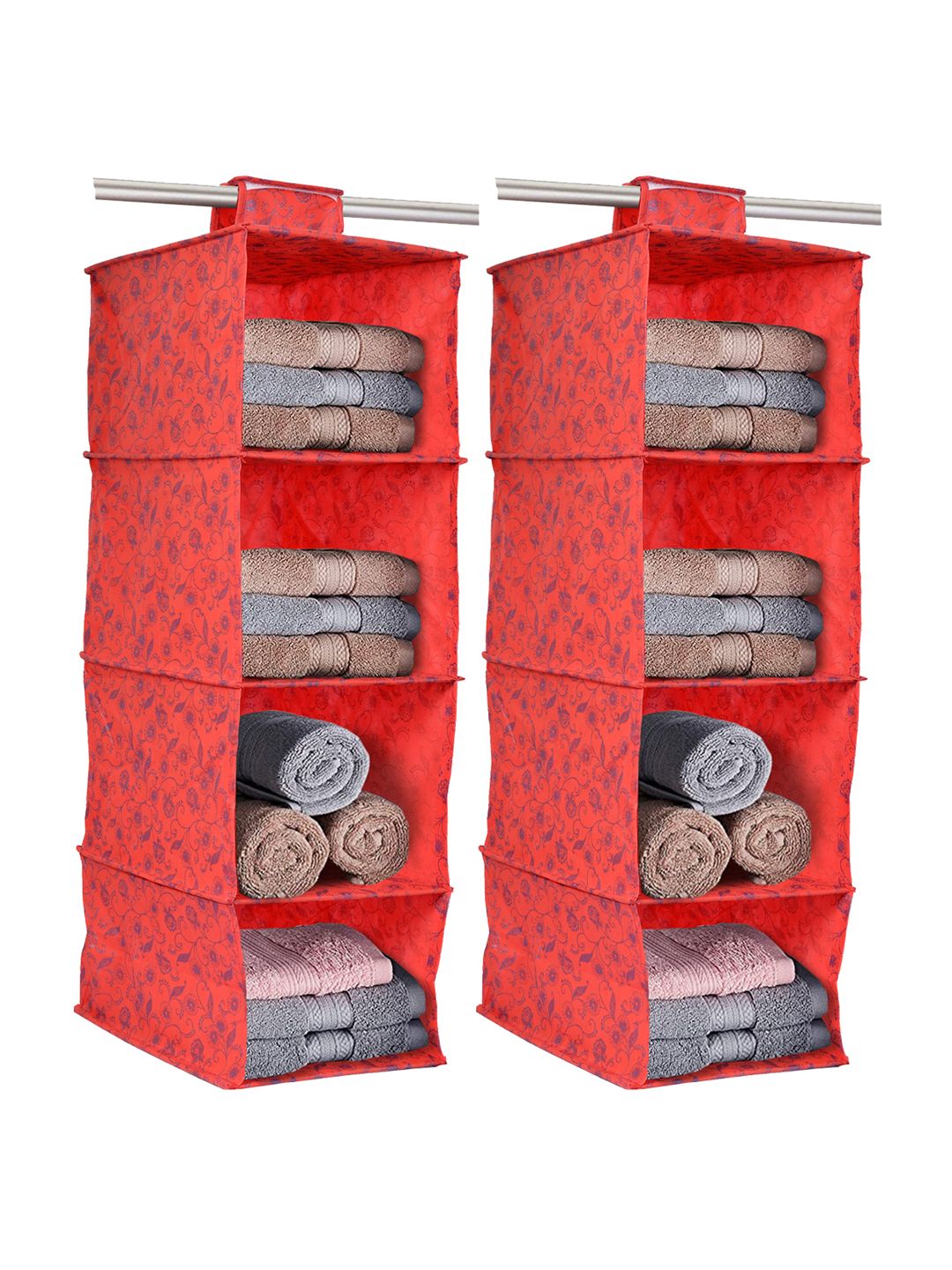 Kuber Industries Set Of 2 Red Printed Hanging Foldable Wardrobe Organizers Price in India