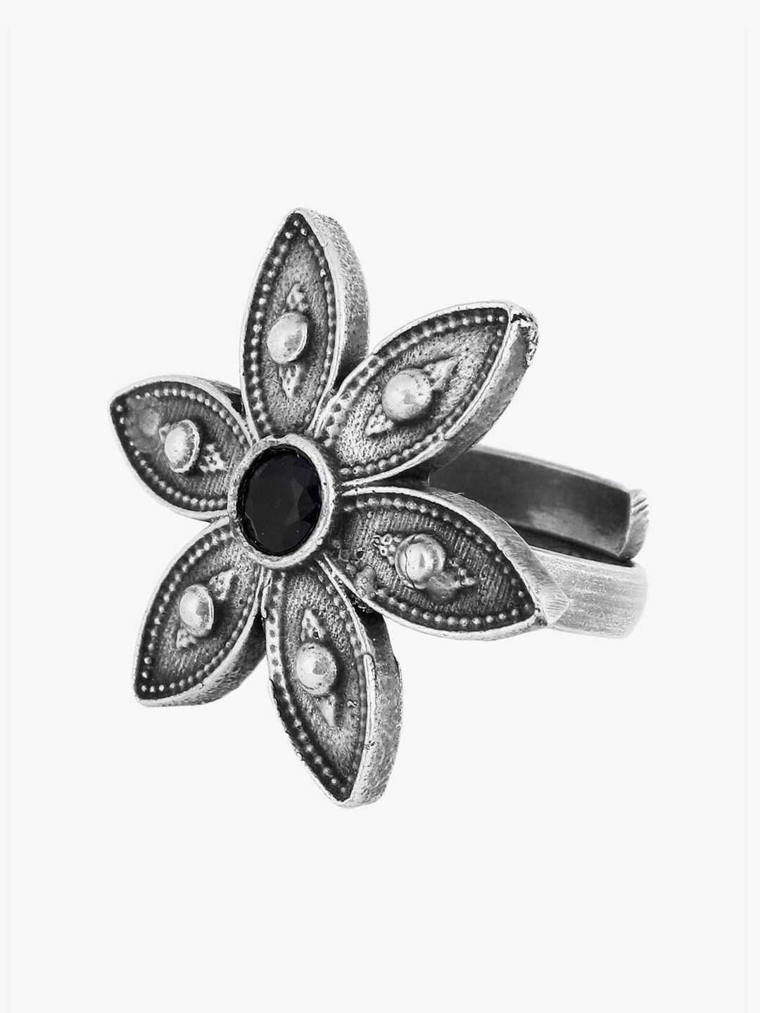Adwitiya Collection Oxidized Silver-Plated Black Stone-Studded Adjustable Finger Ring Price in India
