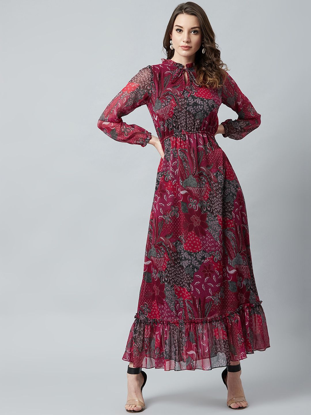 Athena Maroon Floral Printed Maxi Dress Price in India