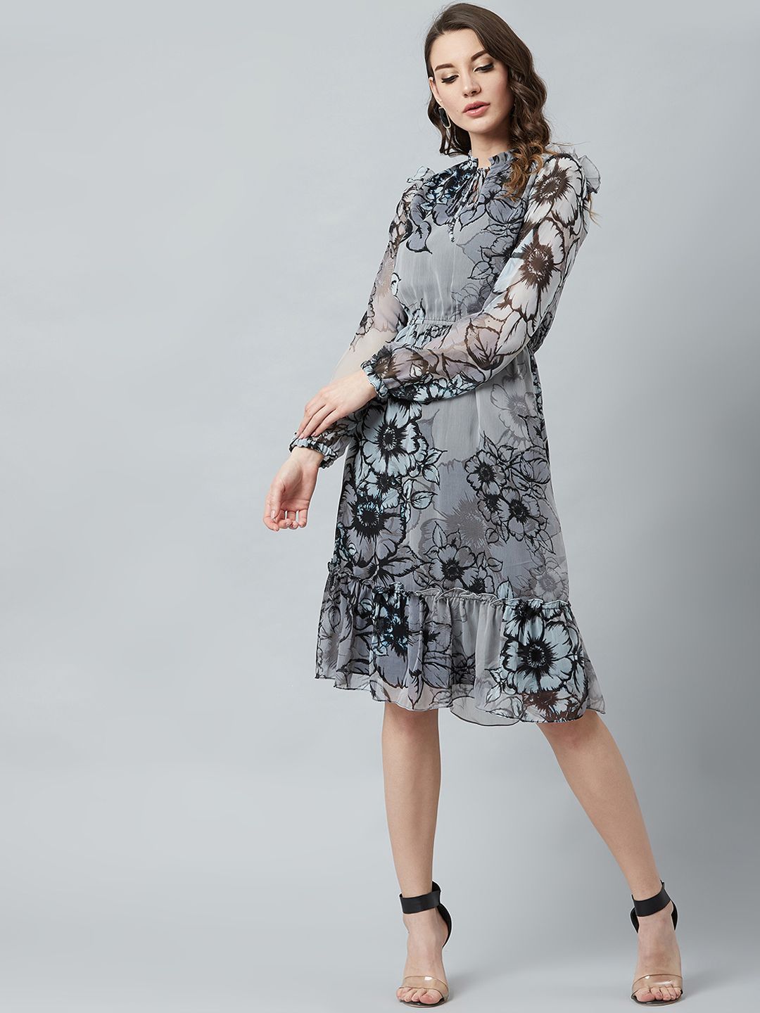 Athena Grey Floral Printed Fit and Flare Dress Price in India
