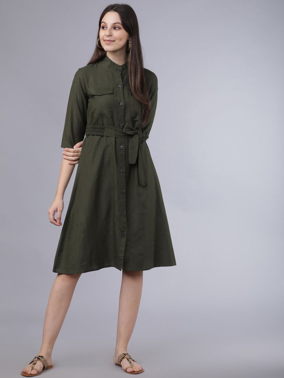 Tokyo Talkies Women Olive Green Solid A-Line Dress Price in India