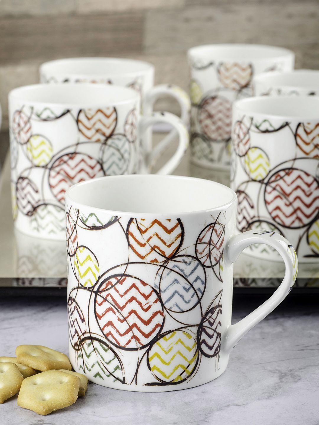 GOODHOMES Set Of 6 White & Black Geometric Design Bone China Coffee Mugs Price in India