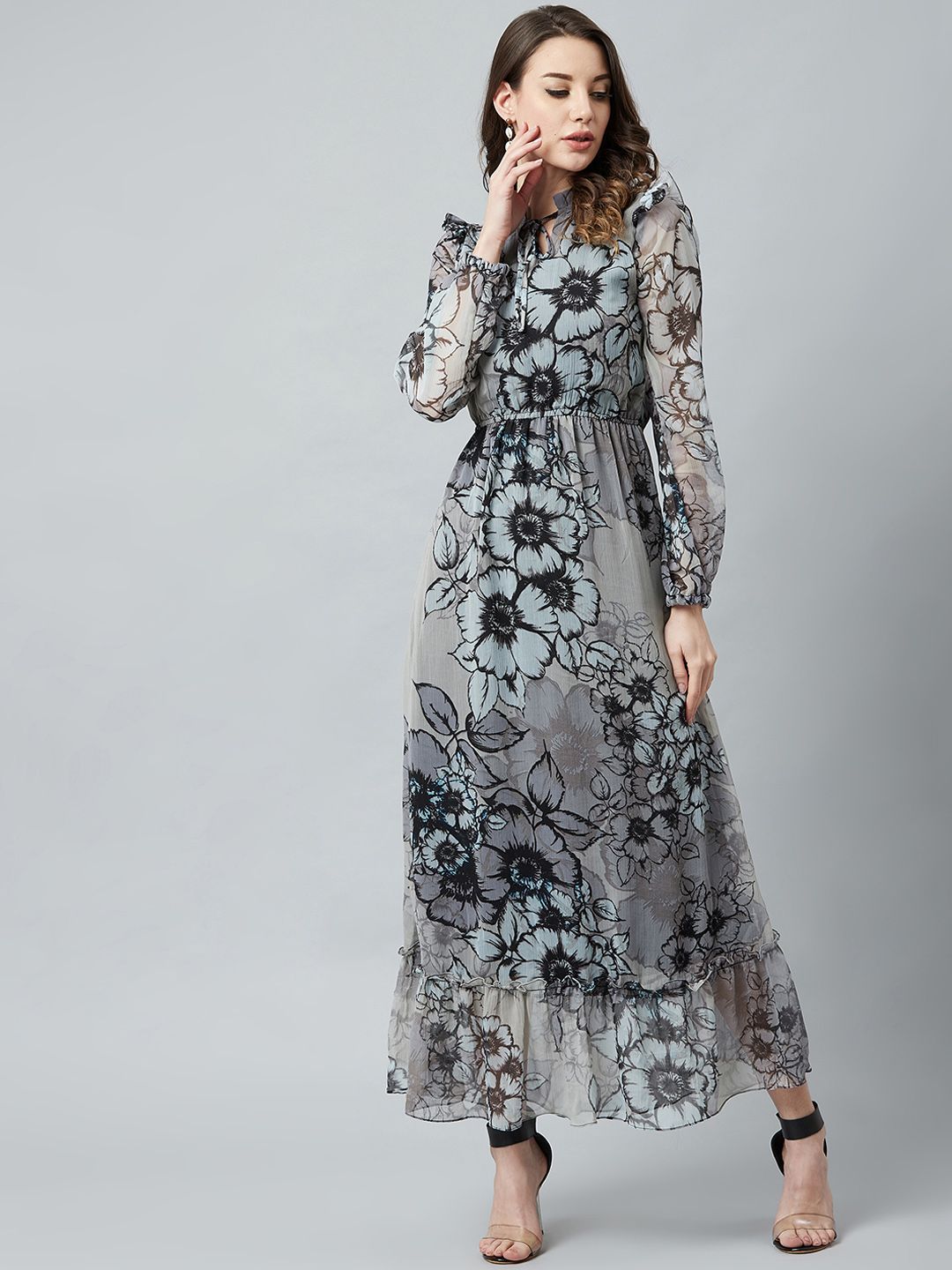 Athena Grey & Black Floral Printed Maxi Dress Price in India