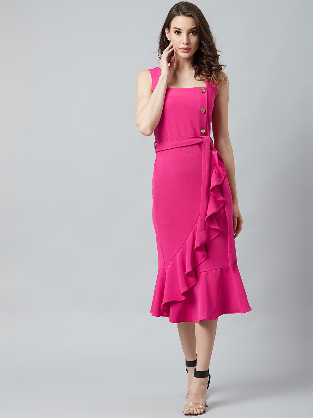 Athena Pink Solid A-Line Dress Price in India