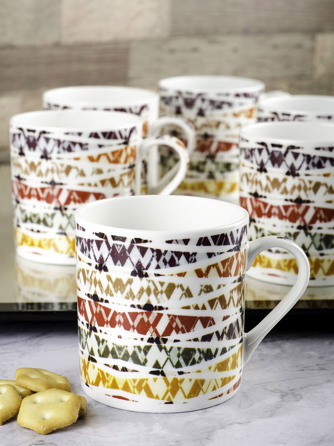 GOODHOMES White & Green 6-Pieces Printed Bone China Mugs Set Price in India