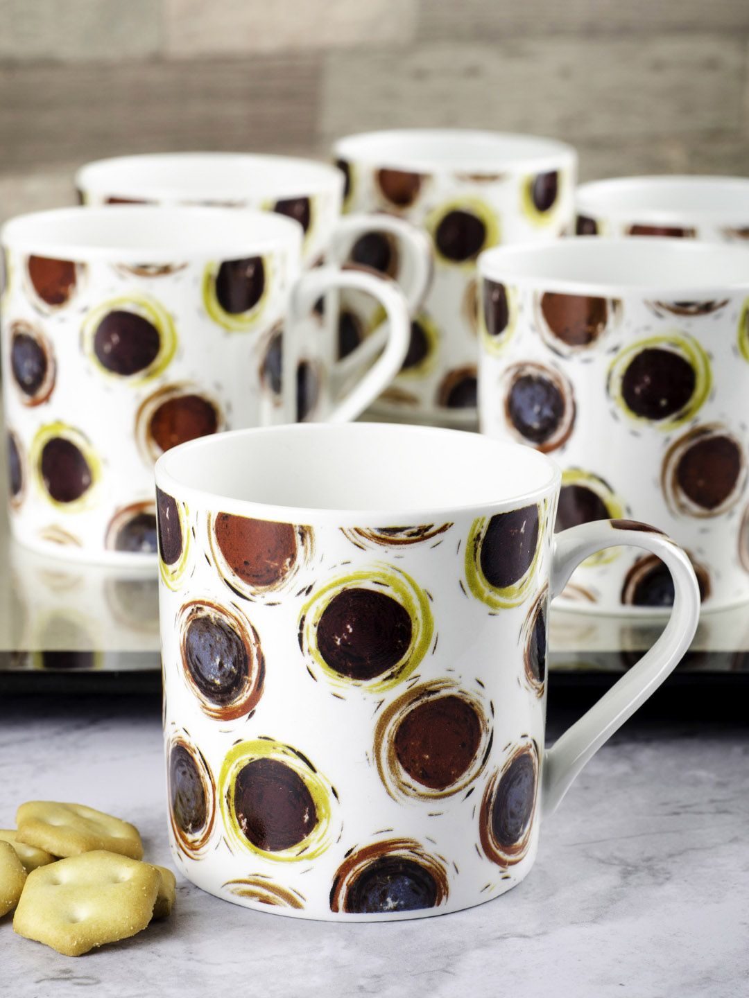 GOODHOMES Set Of 6 White & Brown Geometric Design Bone China Coffee Mugs Price in India