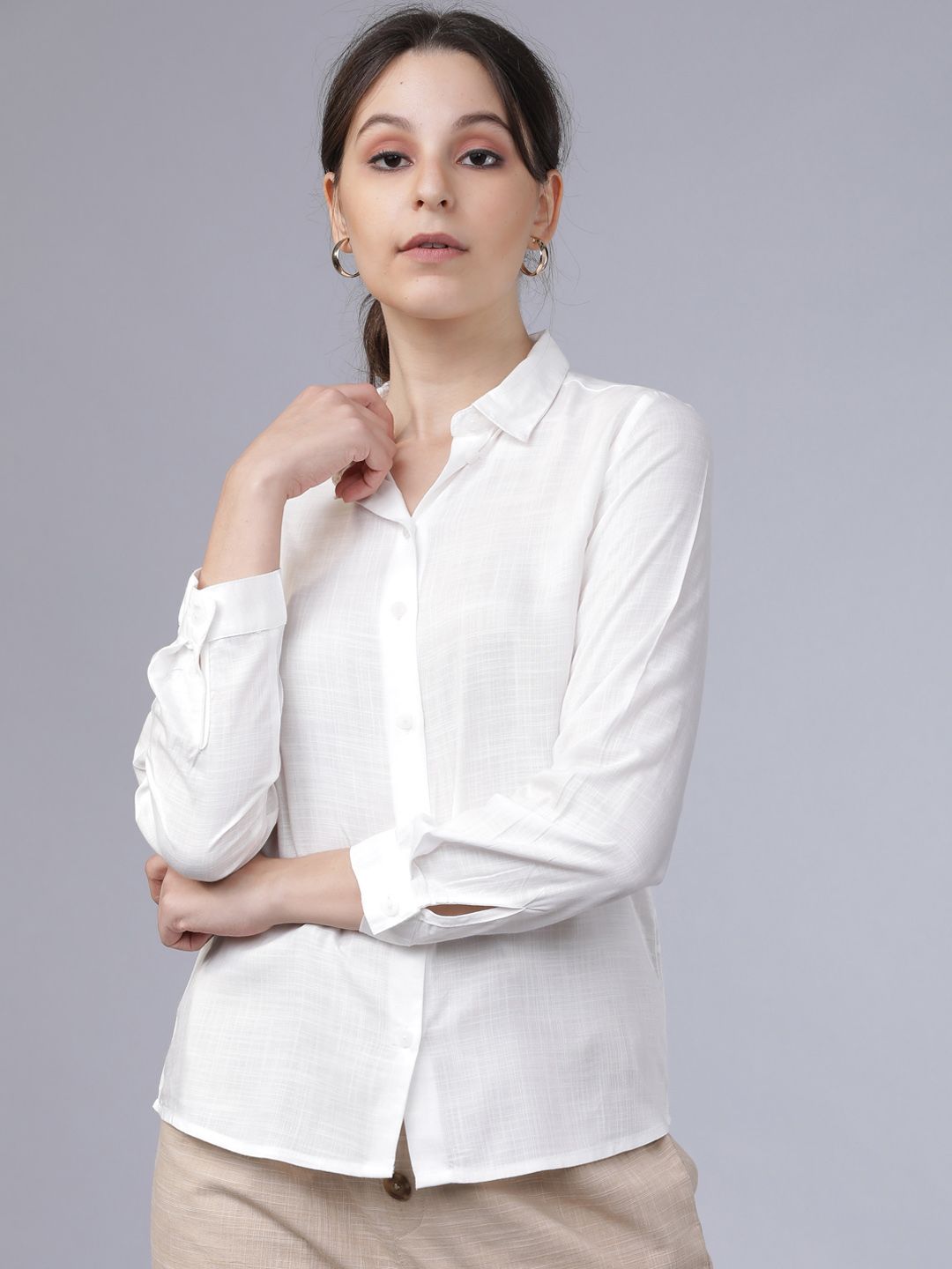 Tokyo Talkies Women Off-White Regular Fit Solid Semiformal Shirt