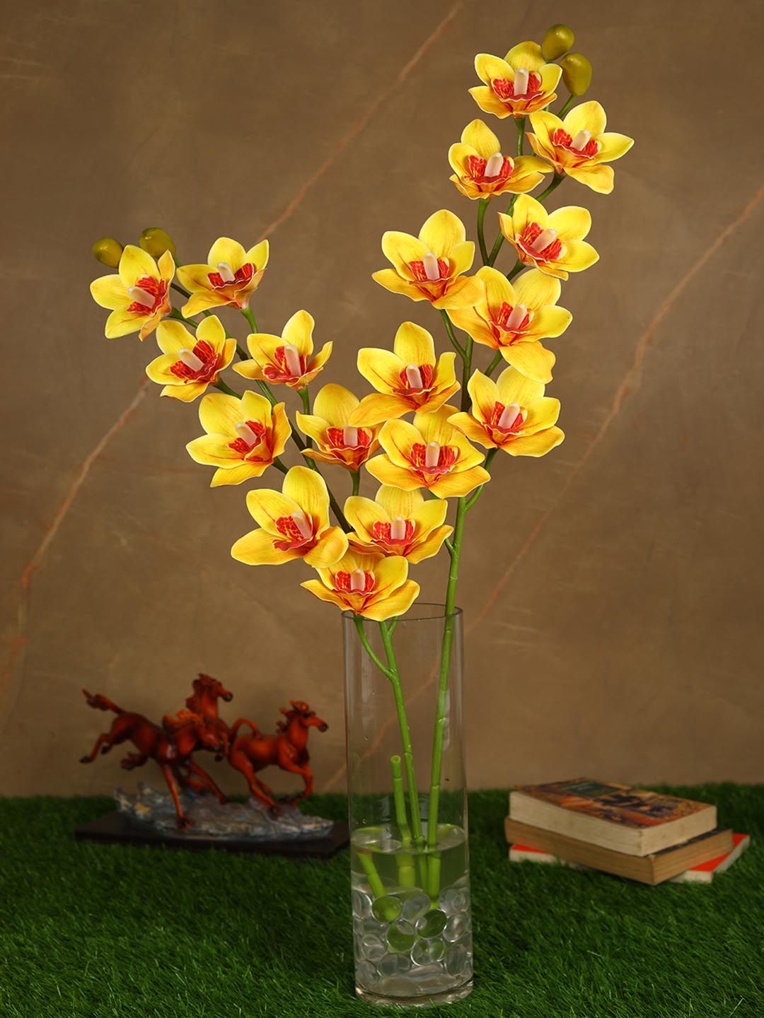 PolliNation Set Of 2 Yellow & Green Beautiful Artificial Cymbidium Orchid Flower Stems Price in India