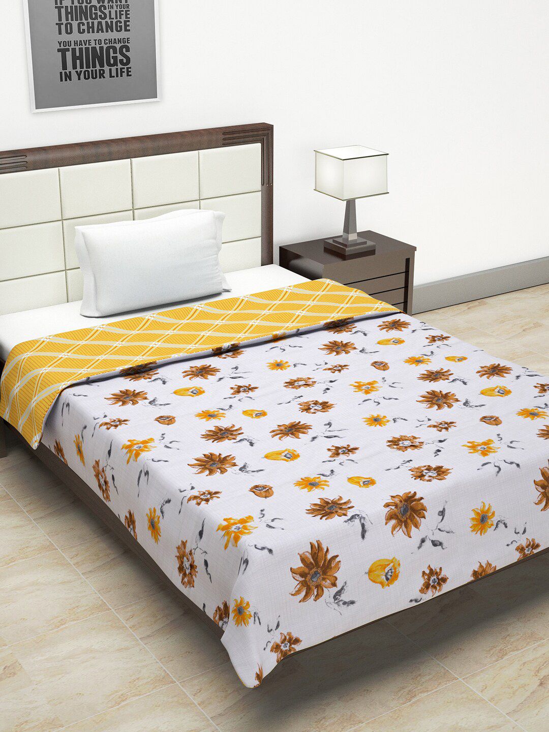URBAN SPACE Yellow & White Floral AC Room 350 GSM Single Bed Dohar Price in India