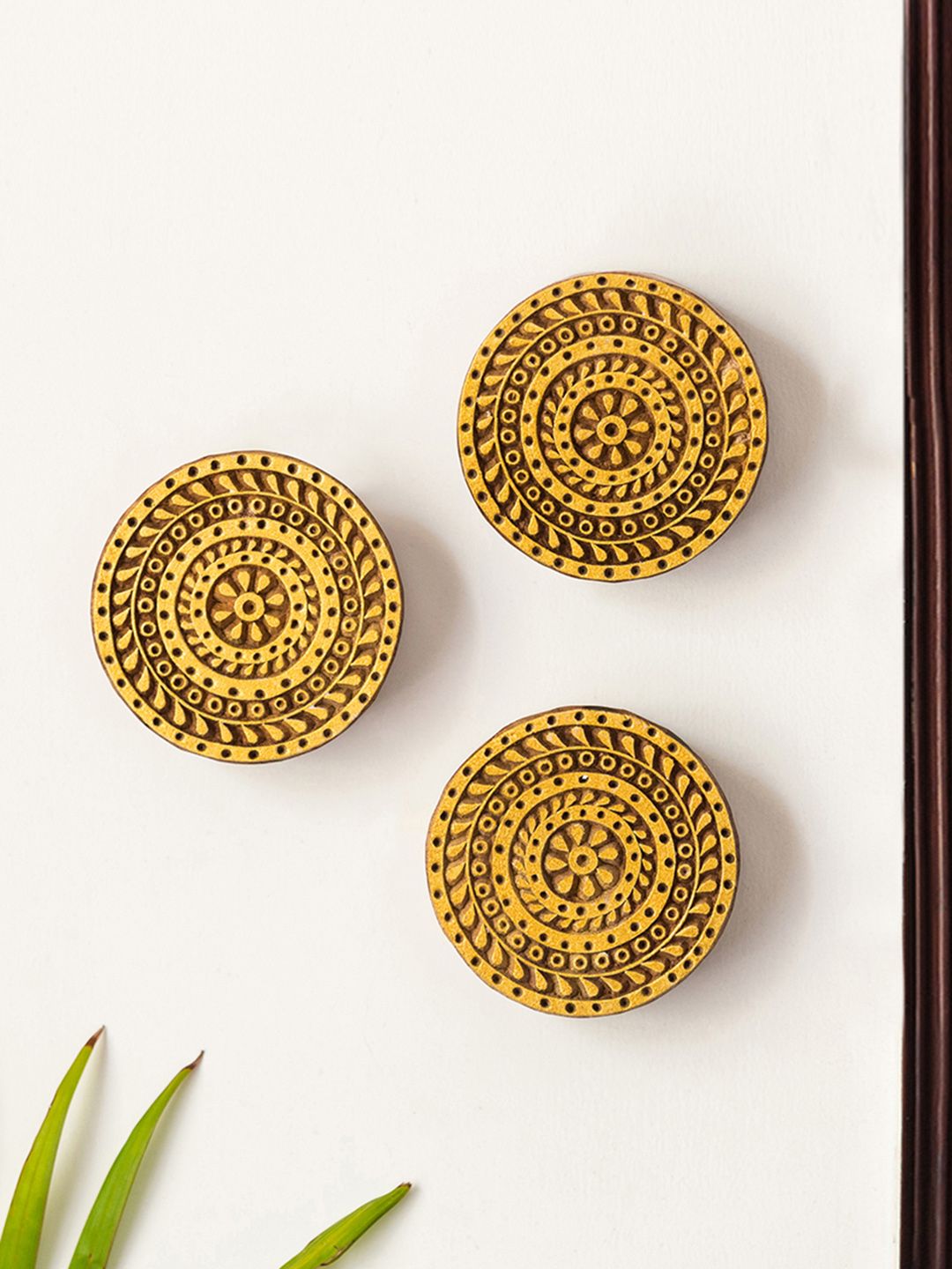 ExclusiveLane Yellow Set of 3 Mandala Triplets Wooden Wall Hangings Price in India