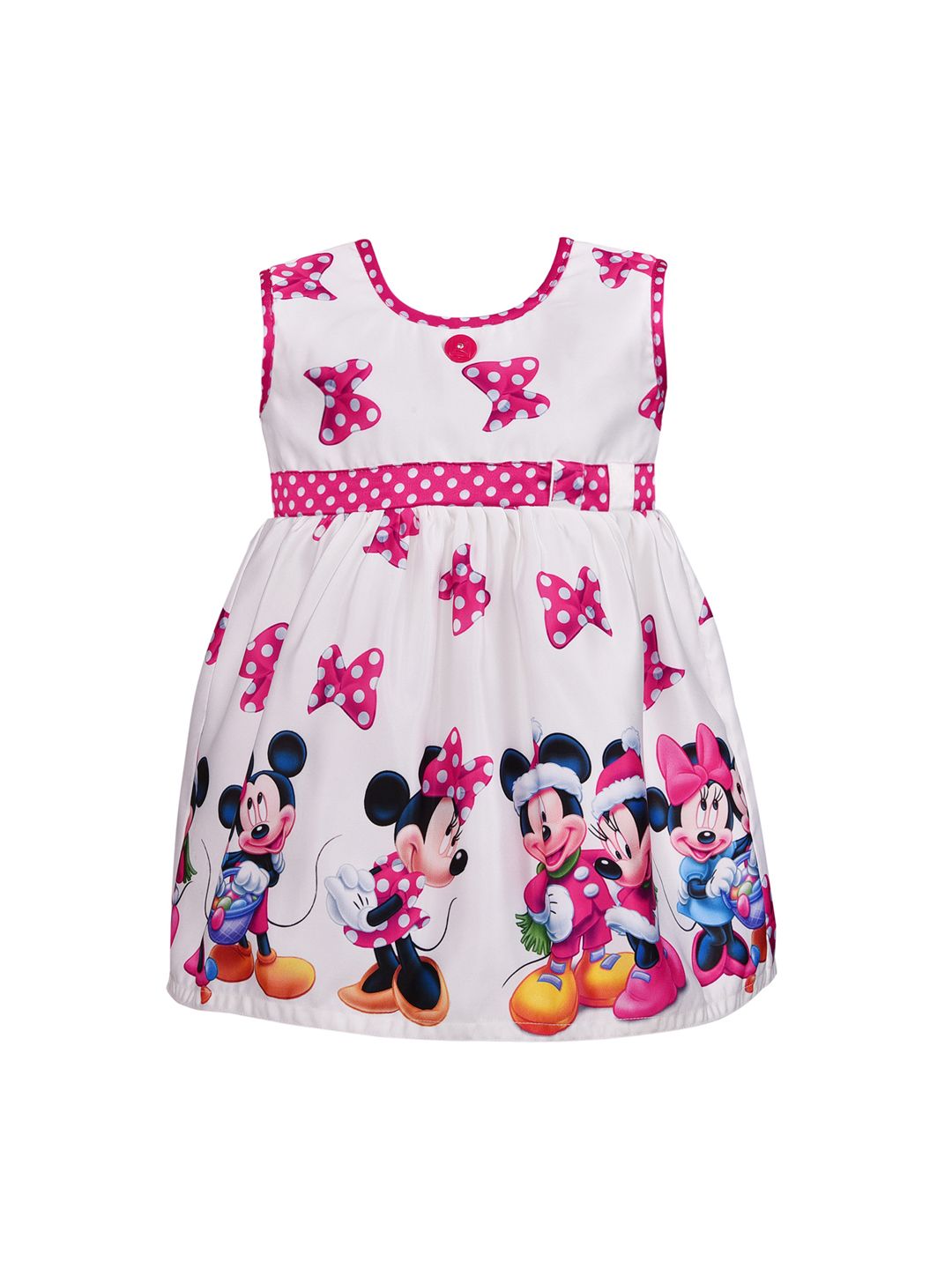 Wish Karo Girls White & Pink Mickey Mouse Print Fit and Flare Dress