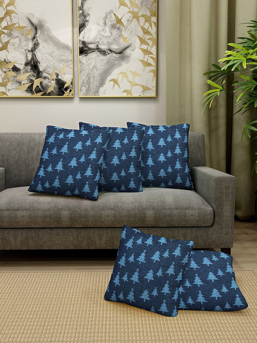 KLOTTHE Set of 5 Navy Blue & Blue Self-Design Square Cushions Price in India