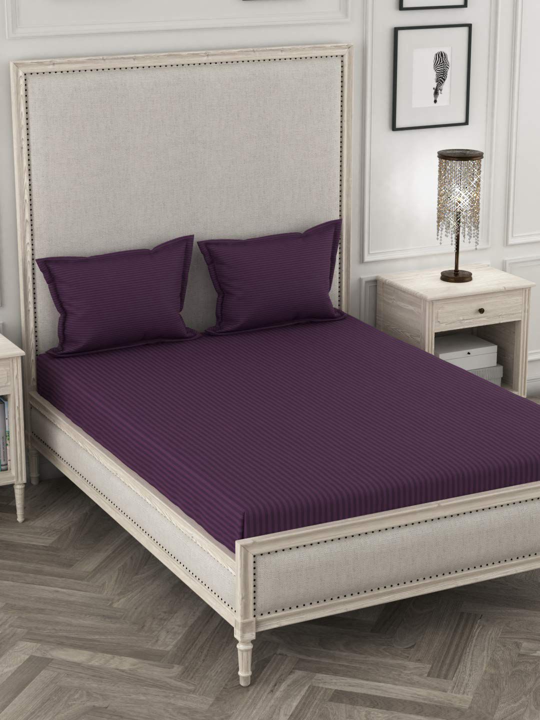 URBAN SPACE Purple Striped 300 TC Cotton 1 King Bedsheet with 2 Pillow Covers Price in India