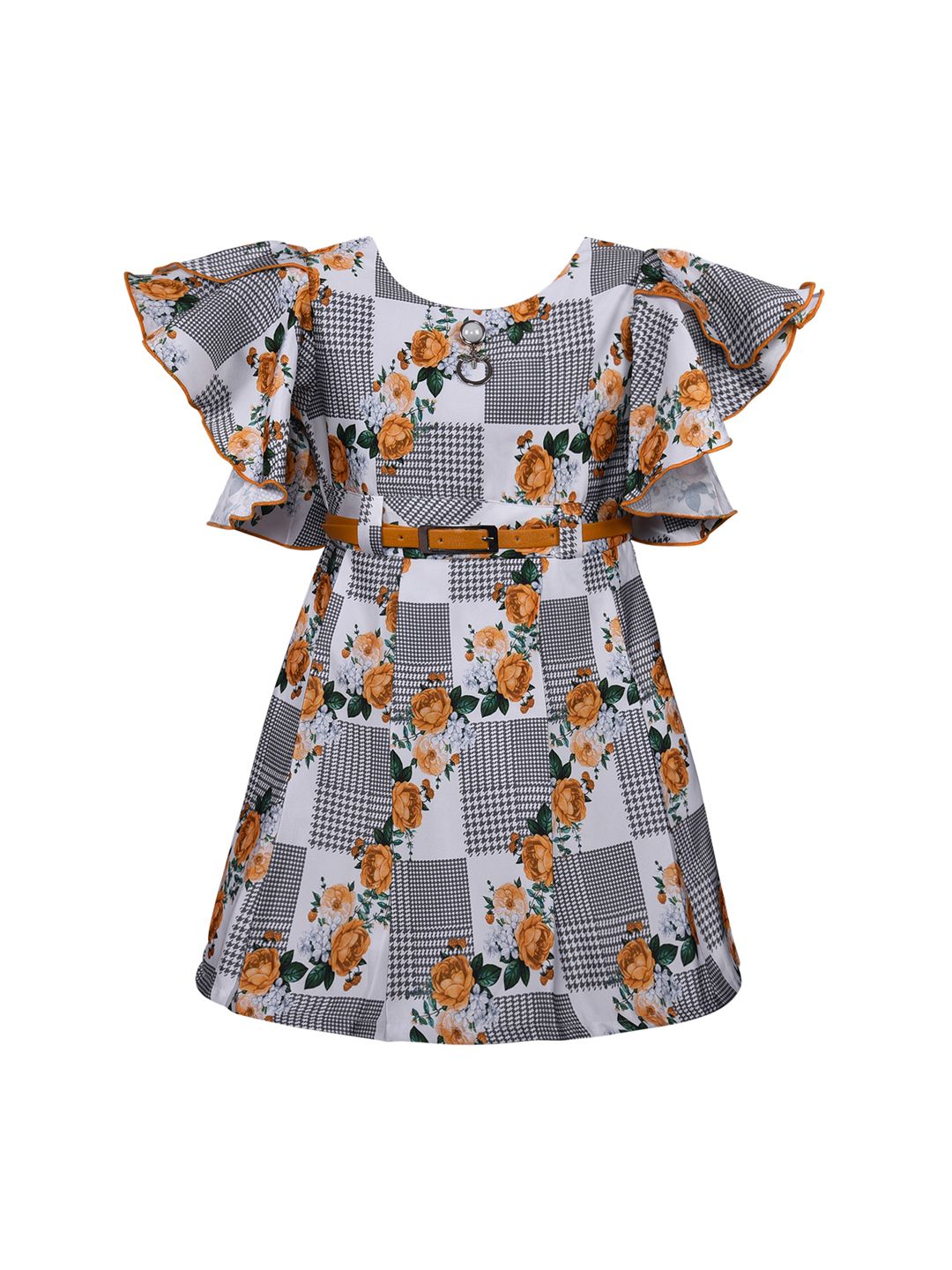 Wish Karo Girls White & Grey Floral Print Fit and Flare Dress