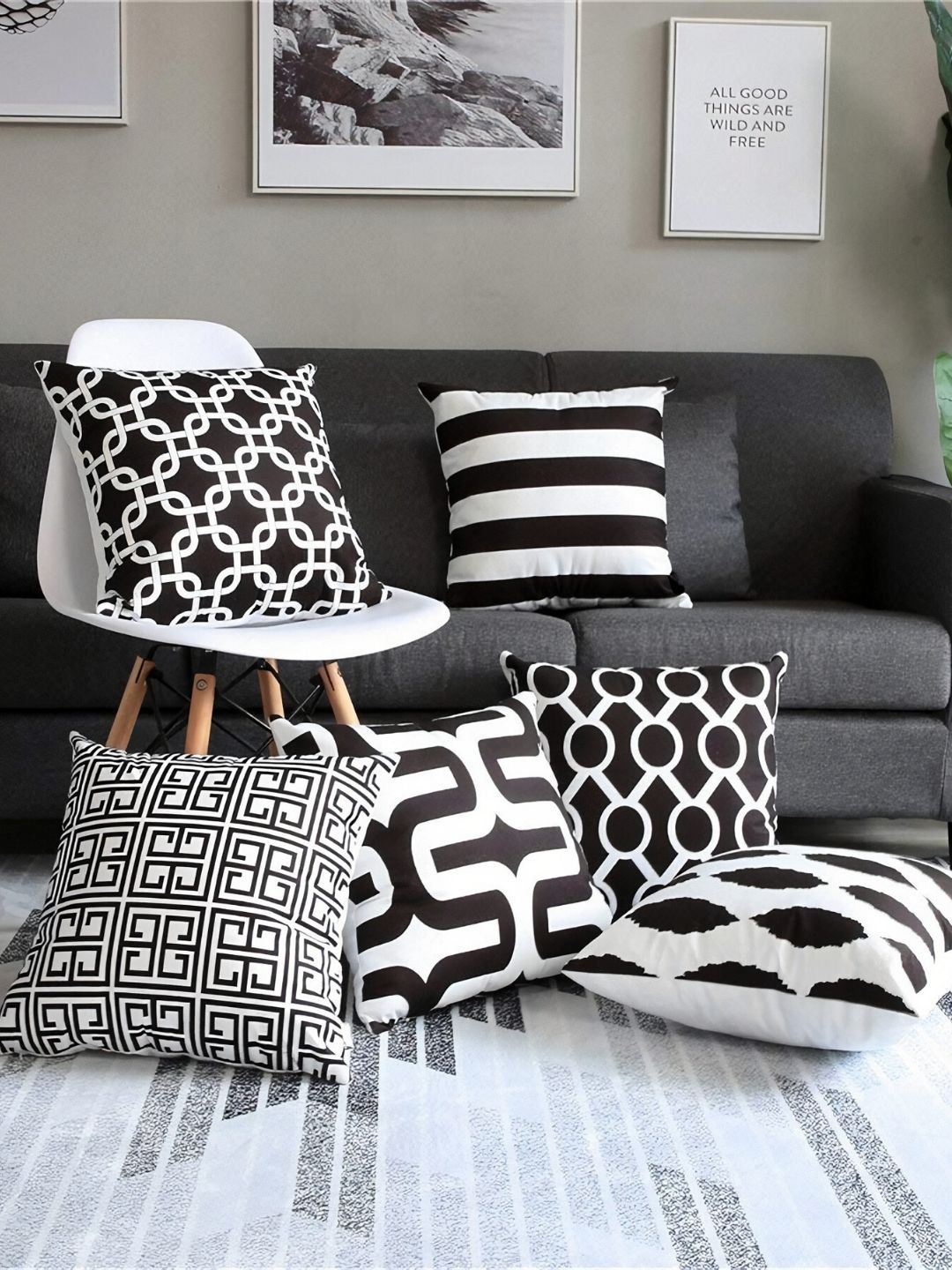 MODERN HOMES White & Black Set of 6 Geometric Square Cushion Covers Price in India