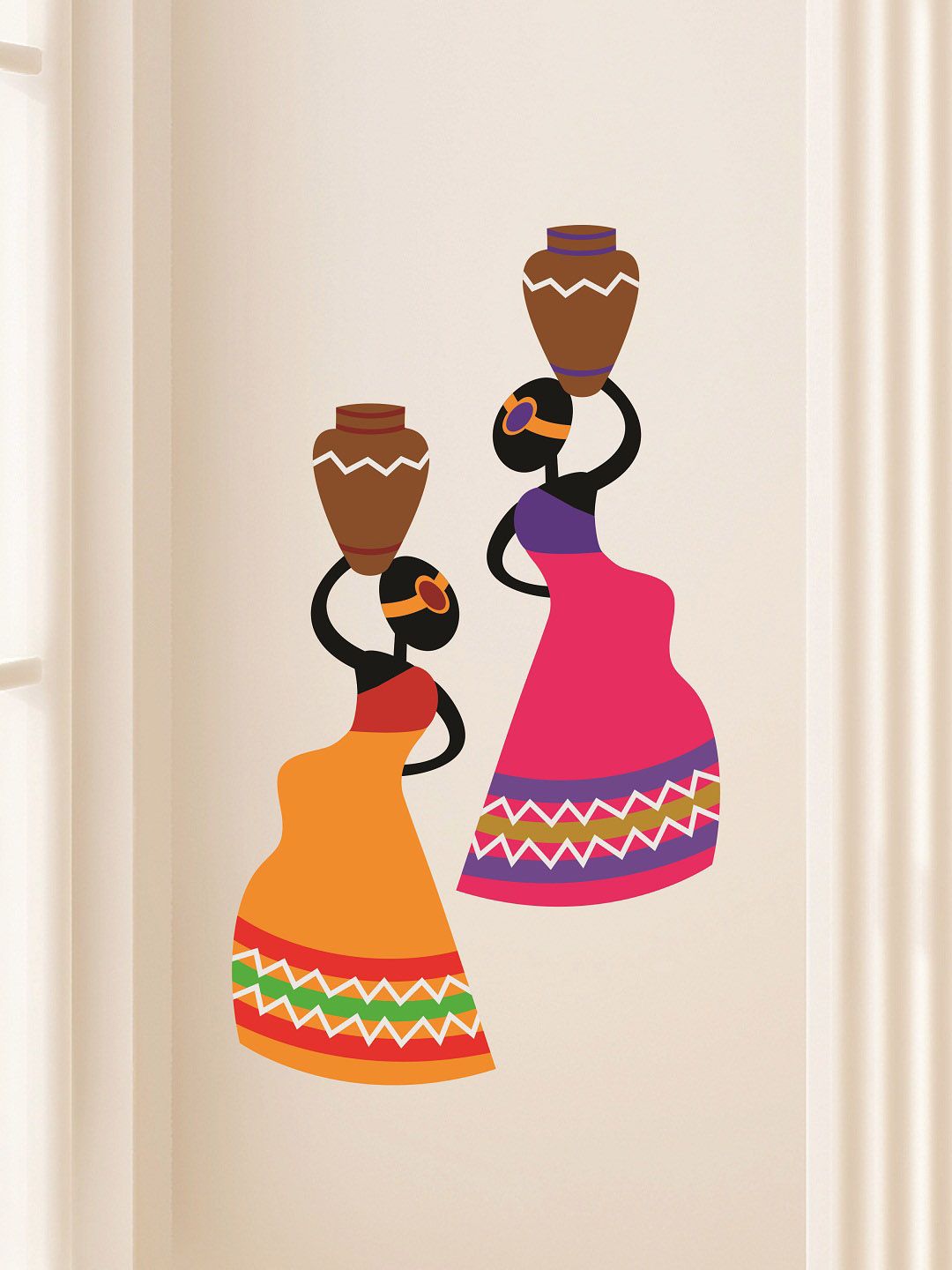 WALLSTICK Orange & Pink Villagers With Mud Pot Large Vinyl Wall Sticker Price in India