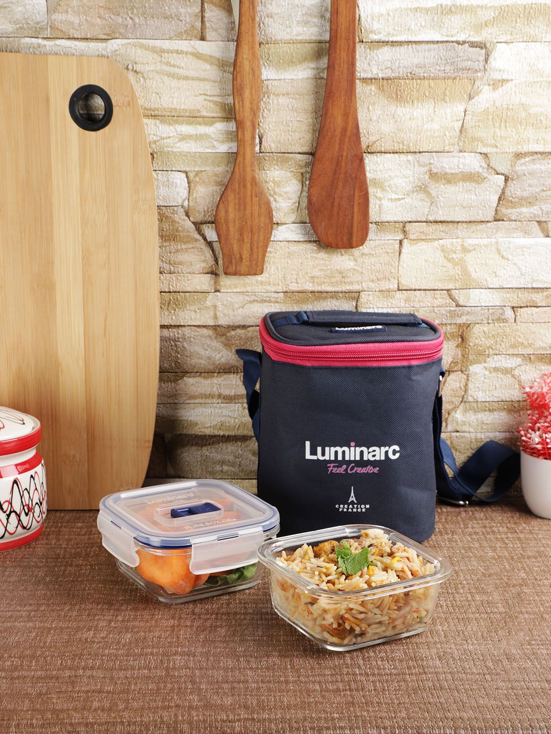 Luminarc Set of 3 Navy Blue & Transparent Square Containers With Lunch Bag Price in India